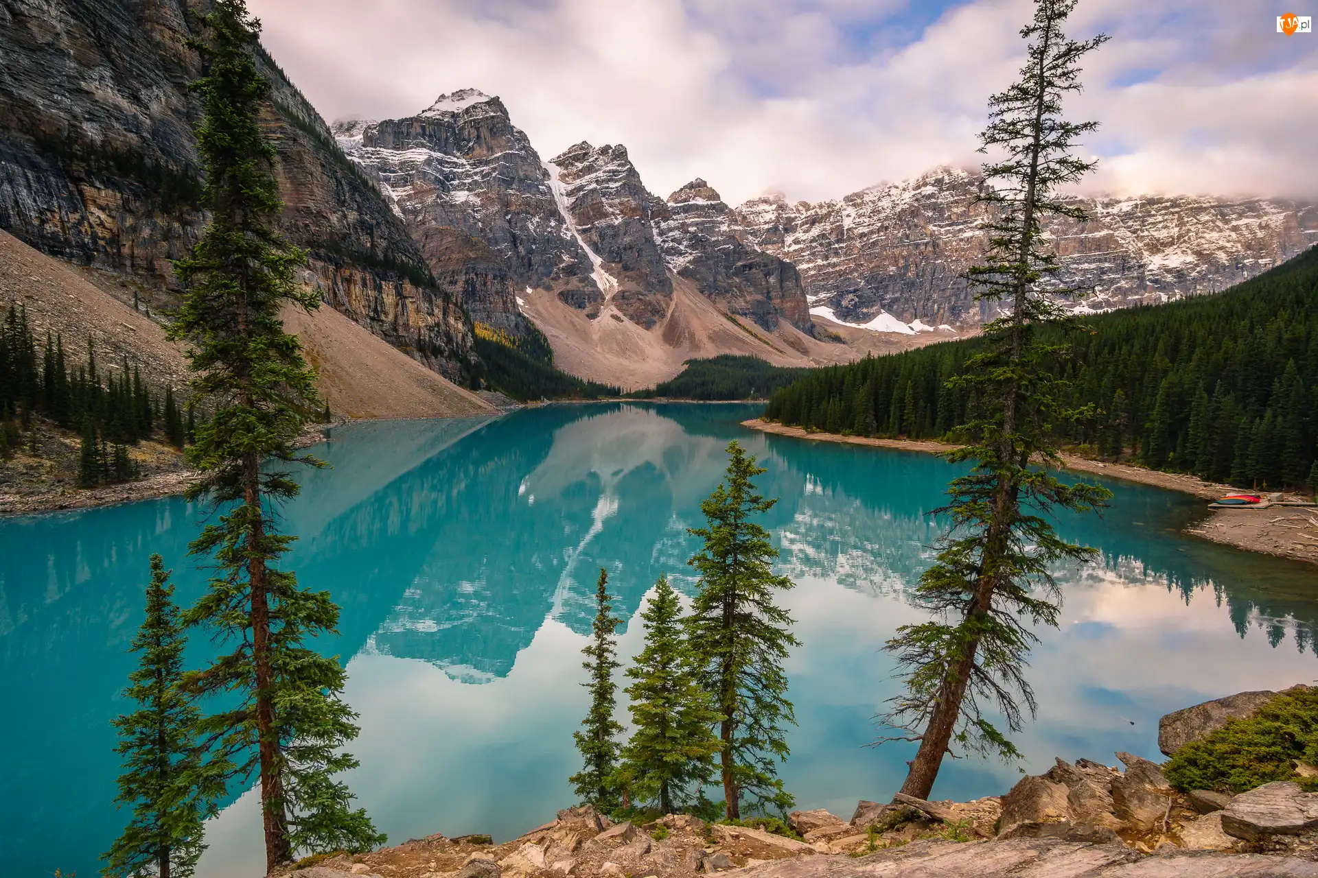 Alberta, Kanada, Jezioro Moraine, Góry, Park Narodowy Banff, Drzewa