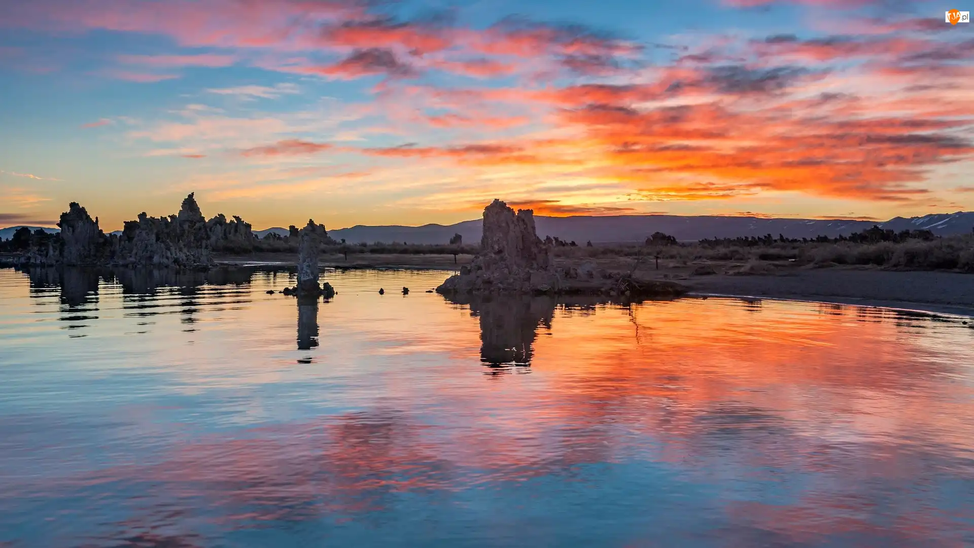 Mono Lake, Skały, Stany Zjednoczone, Jezioro, Kalifornia, Lee Vining, Wschód słońca