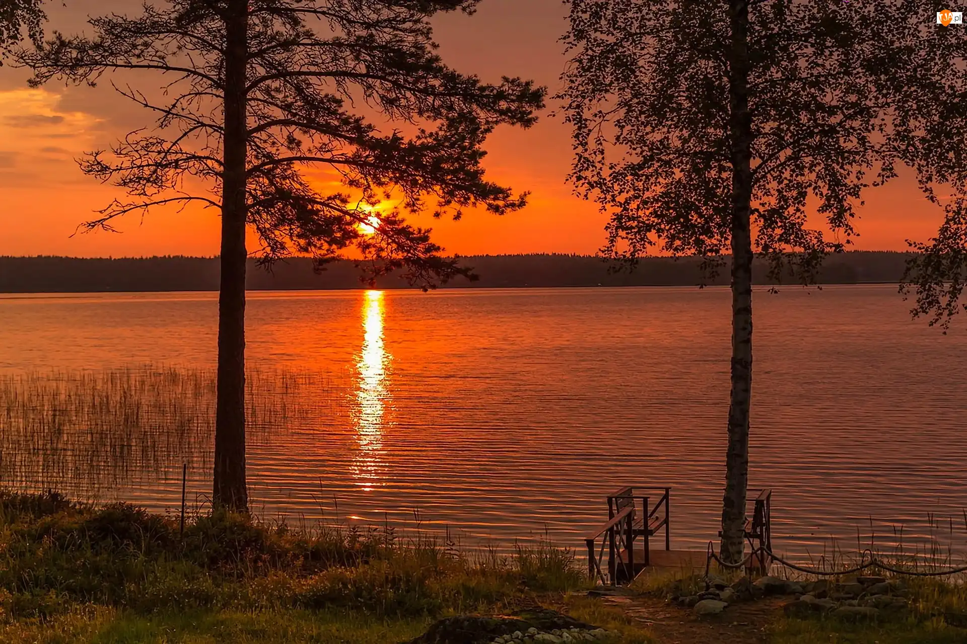 Jezioro, Słońca, Mostek, Drzewa, Zachód
