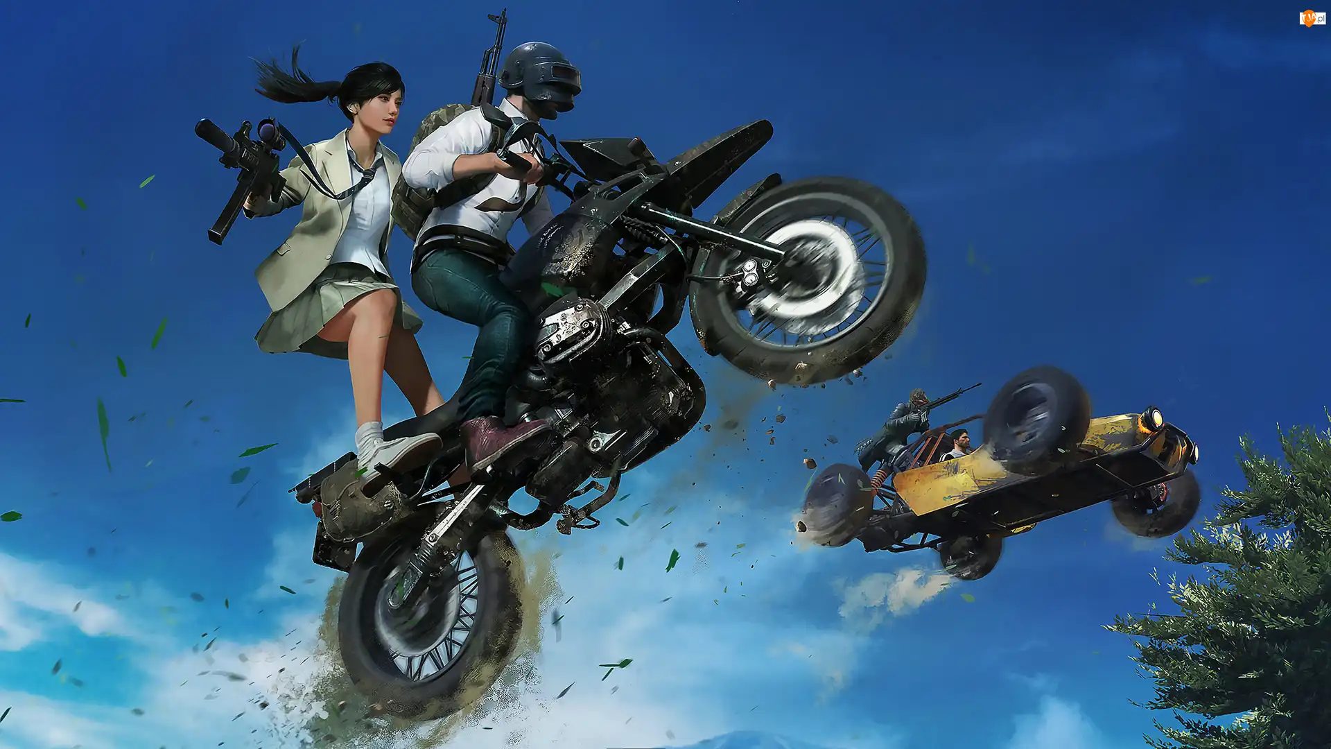 Motocyklista, Gra, Samochód, Dziewczyna, PUBG Playerunknowns Battlegrounds, Skok, Broń, Motocykl