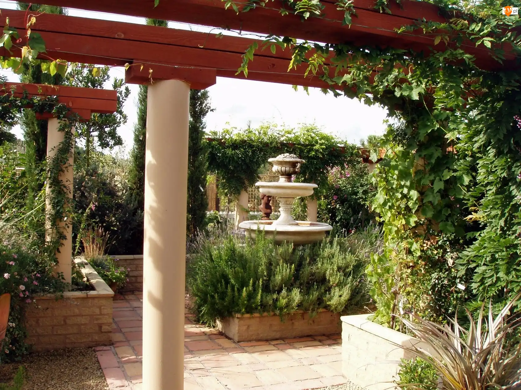 Fontanna, Ogród, Włoski, Pergola