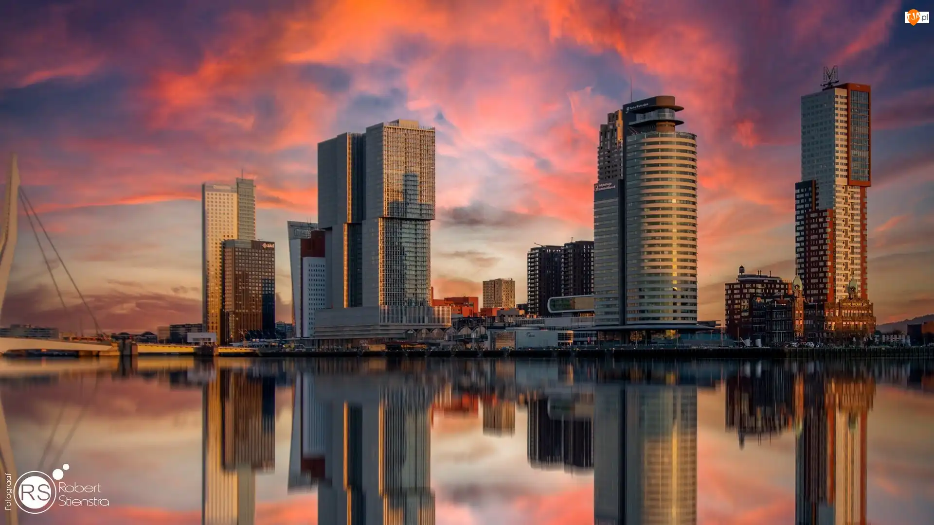 Most, Erasmus Bridge, Holandia, Wieżowce, Rotterdam, Zachodu słońca, Odbicie