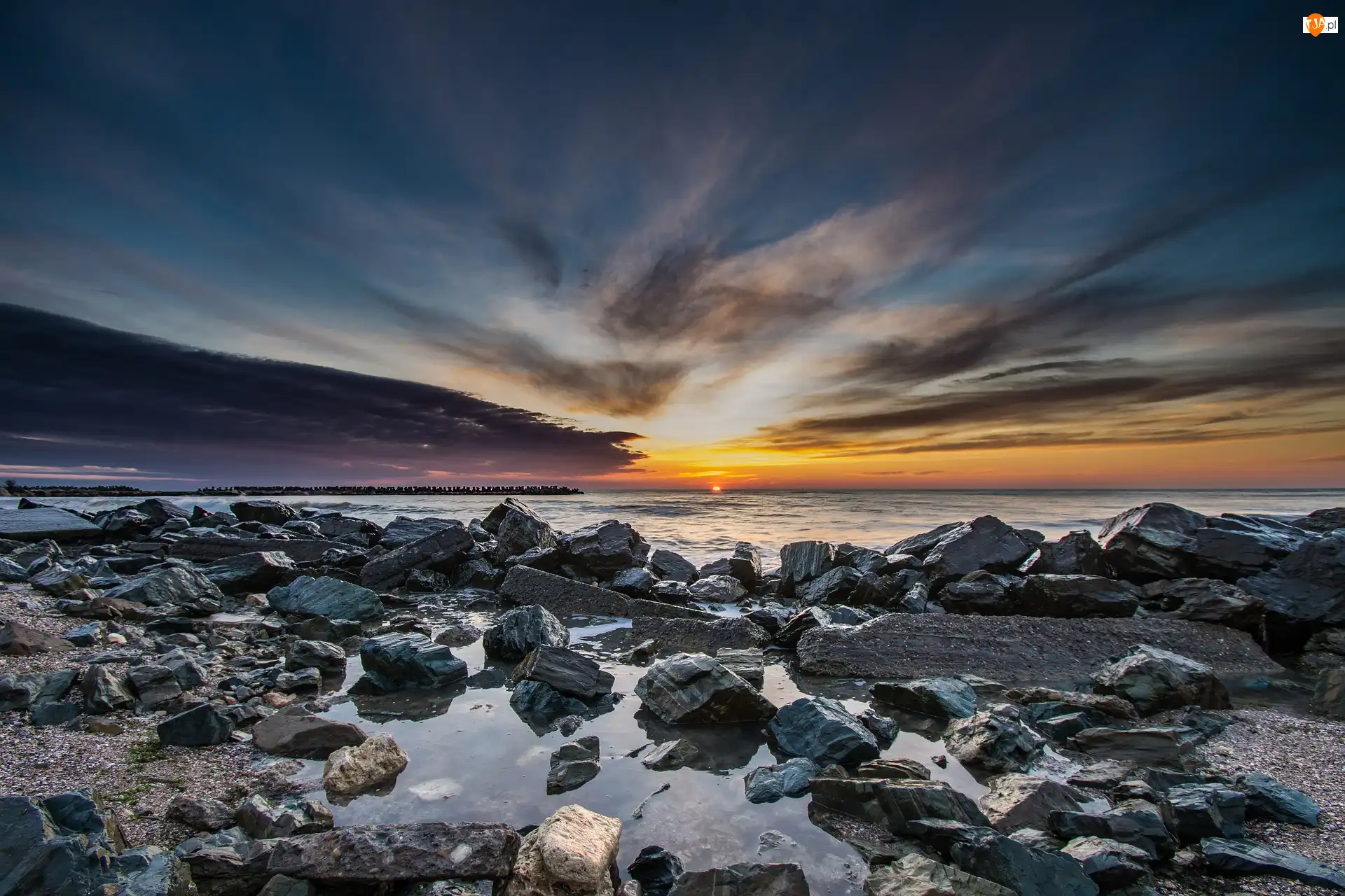 Plaża, Wschód słońca, Kamienie, Morze, Niebo