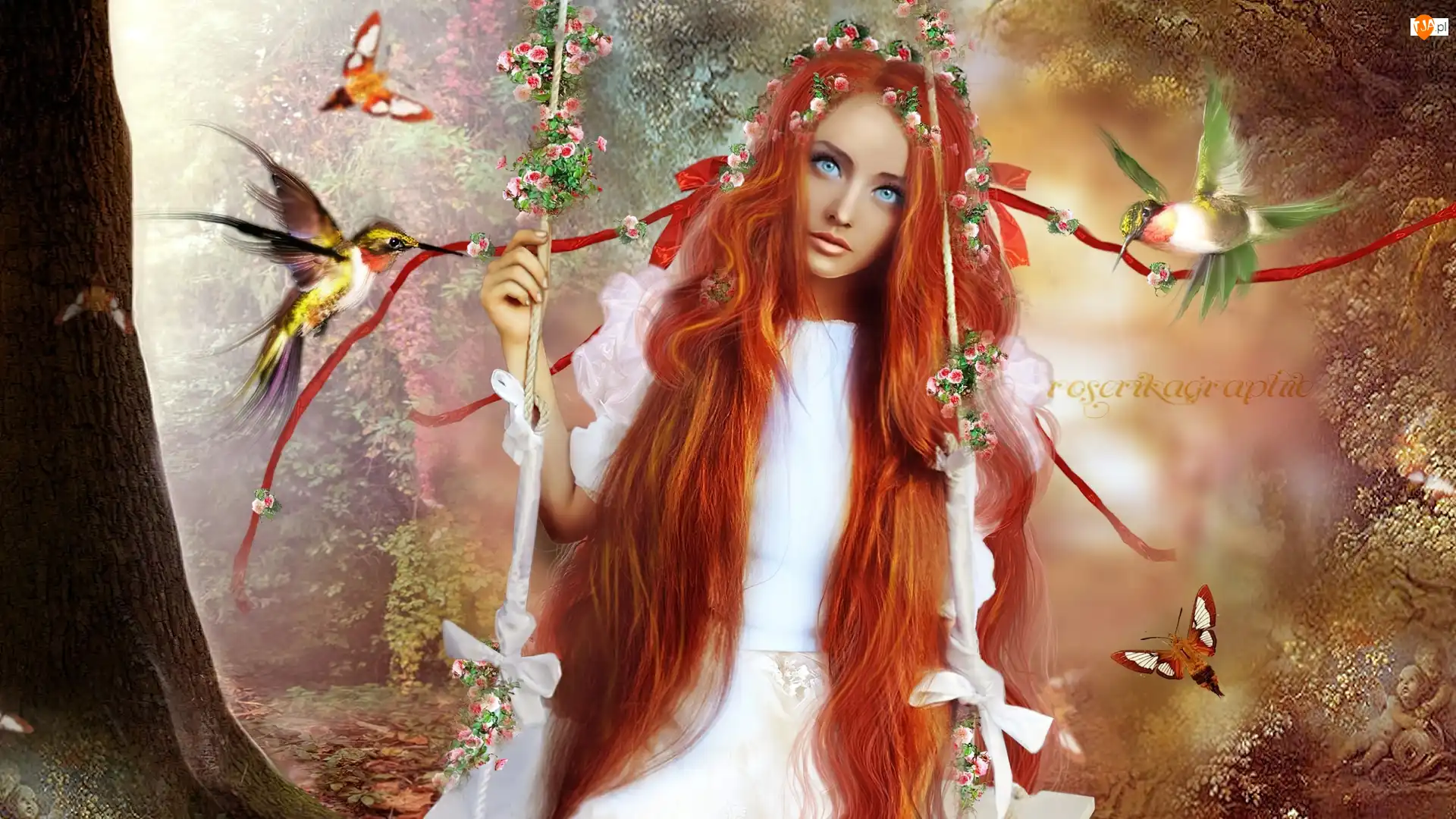 Huśtawka, Fantasy, Kobieta, Ptaki