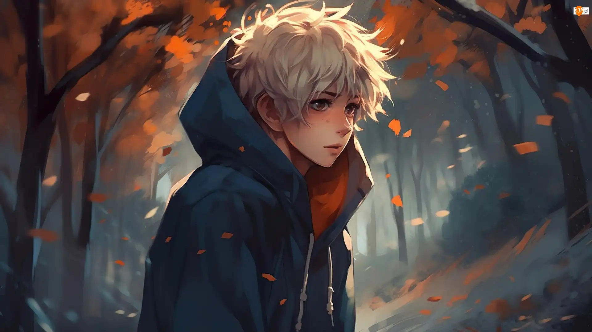 Anime, Chłopiec, Drzewa, Jesień