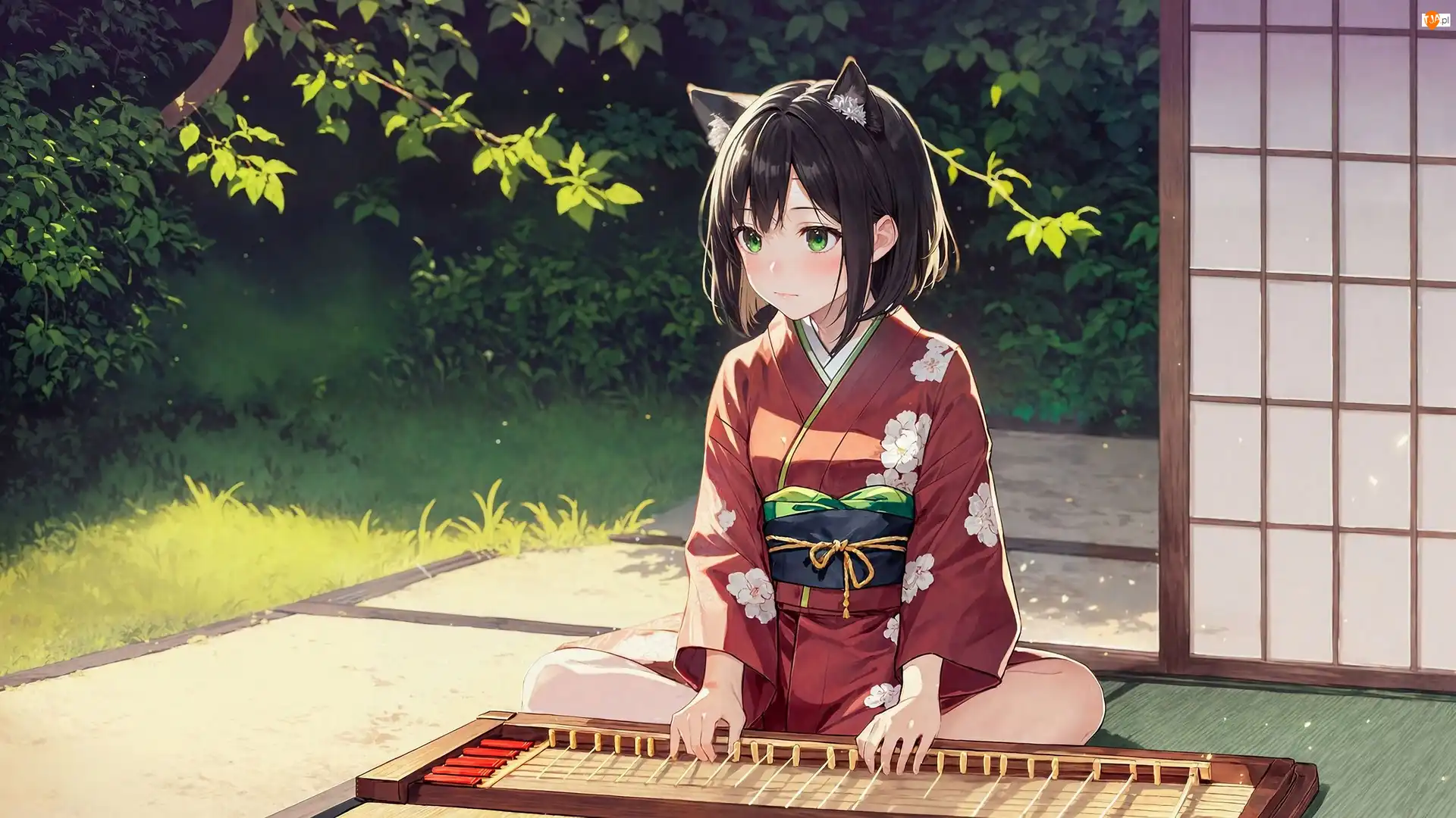 Trawa, Dziewczyna, Instrument, Dom, Uszy, Drzewa, Manga Anime, Kimono