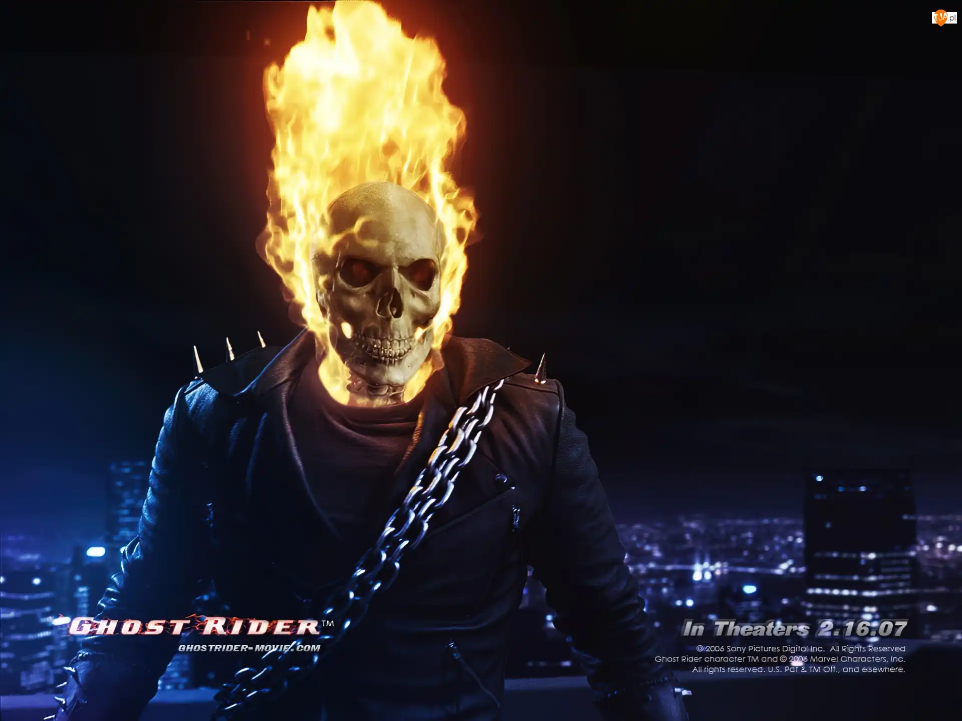 płonie, miasto, czaszka, Ghost Rider, łańcuch