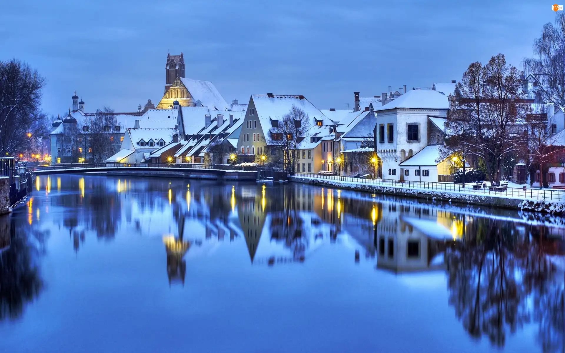 Miasto, Zima, Most, Rzeka, Noc