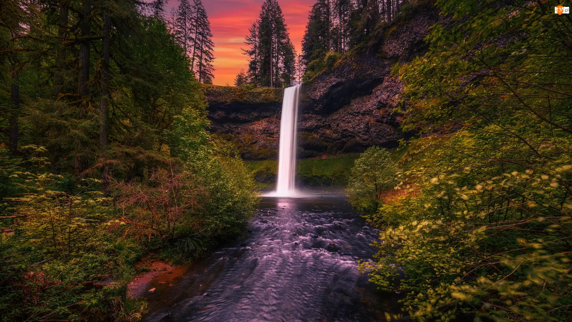 Skały, Oregon, Zachód słońca, South Falls, Drzewa, Park stanowy, Silver Falls State Park, Stany Zjednoczone, Wodospad