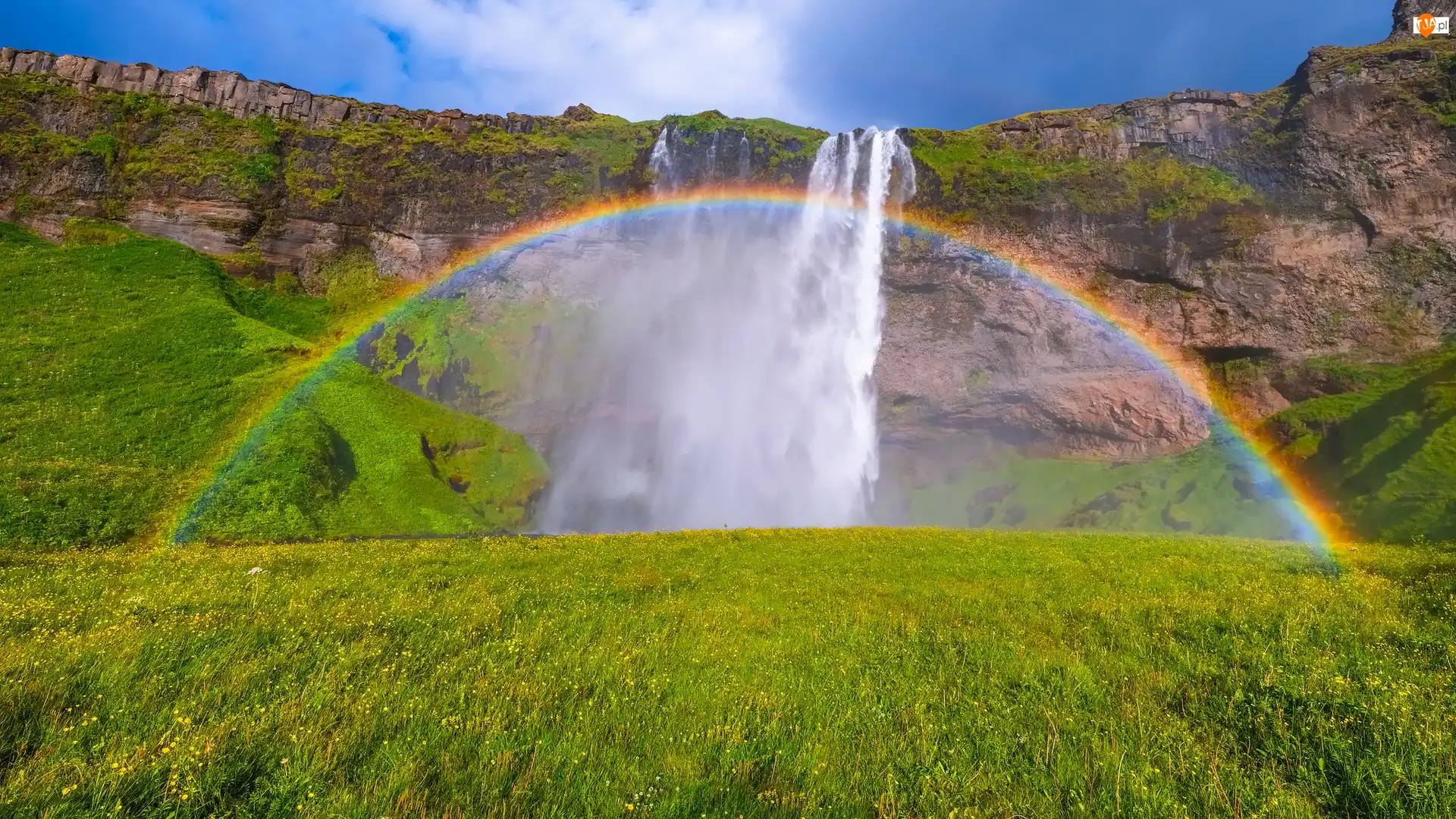 Seljalandsfoss, Wodospad, Skały, Islandia, Trawa, Tęcza