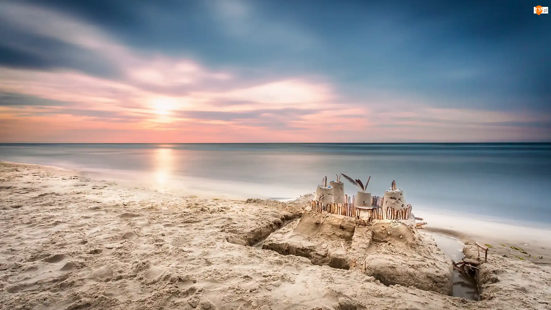 Piasek, Wschód słońca, Zamek, Plaża, Morze
