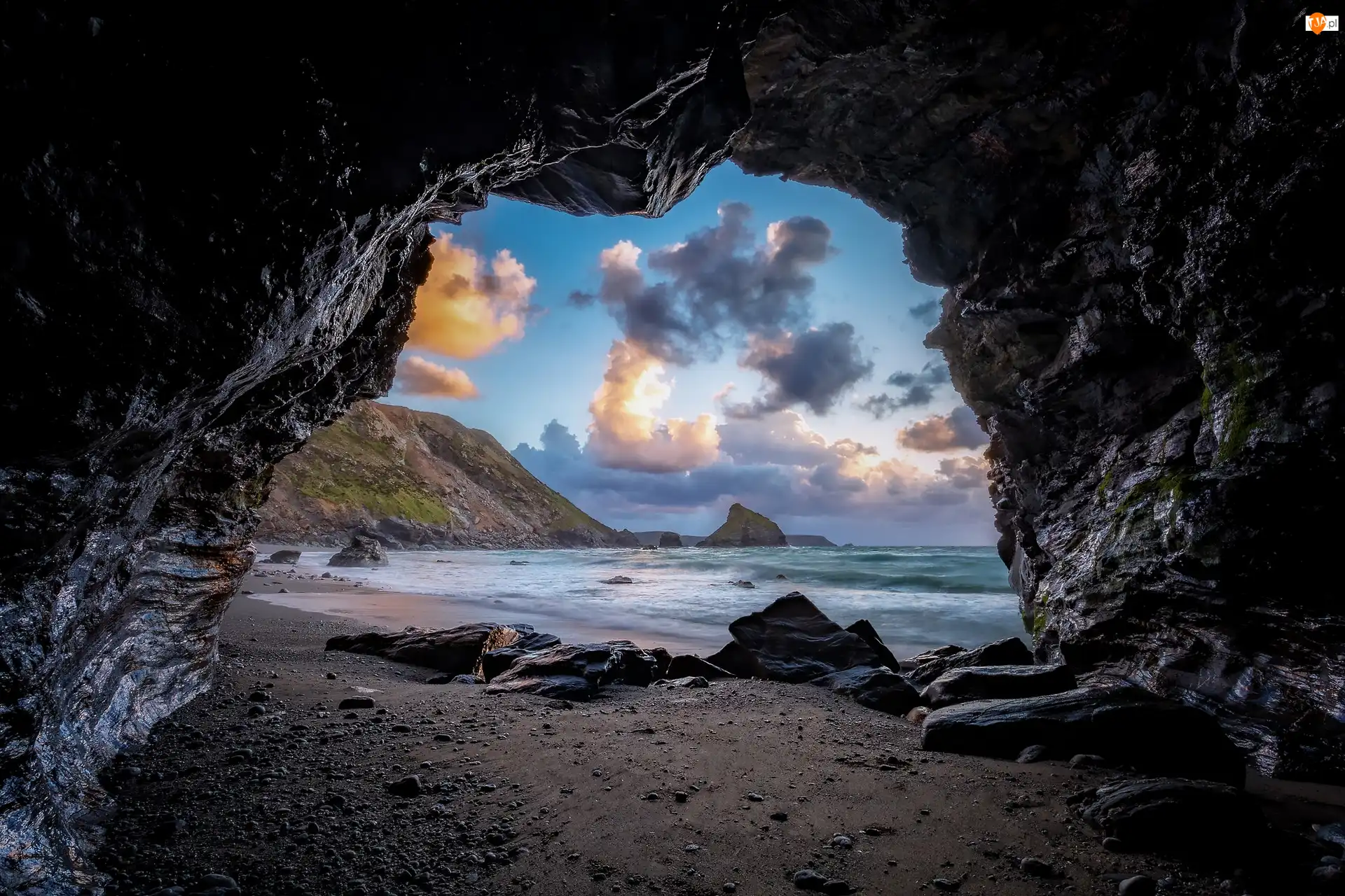Półwysep Coromandel, Morze, Jaskinia, Region Waikato, Skały, Nowa Zelandia, Zatoka Cathedral Cove, Chmury