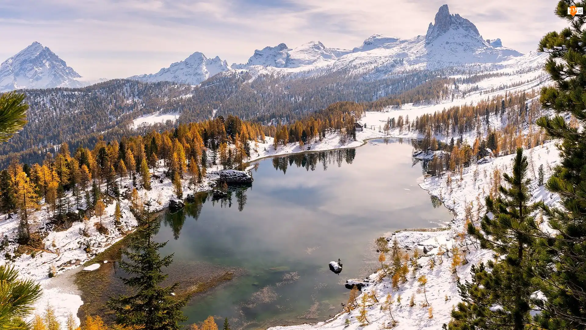Włochy, Góry, Cortina dAmpezzo, Las, Drzewa, Dolomity, Jezioro, Zima, Lago Federa