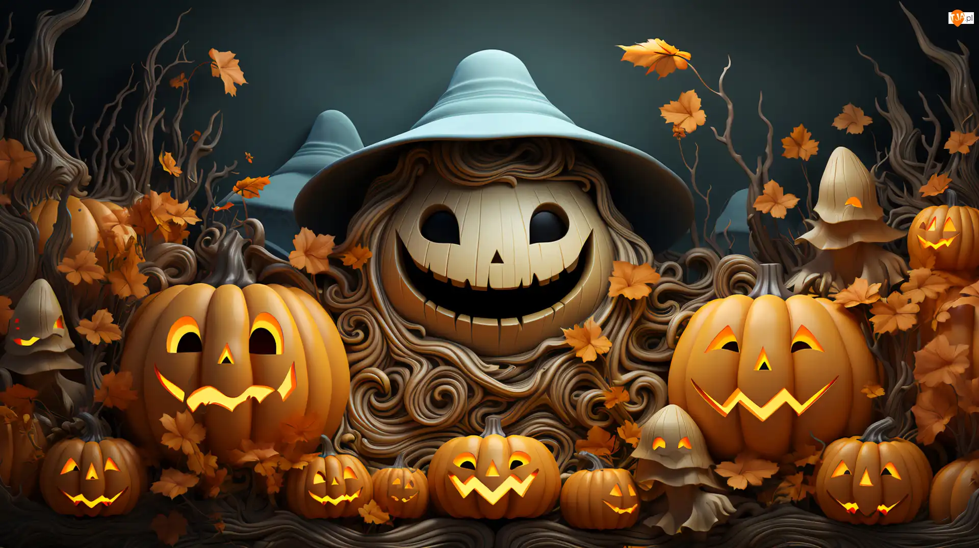 Kapelusz, Halloween, Uśmiechnięty, Liście, Świecące, Duszek, Grafika, Dynie