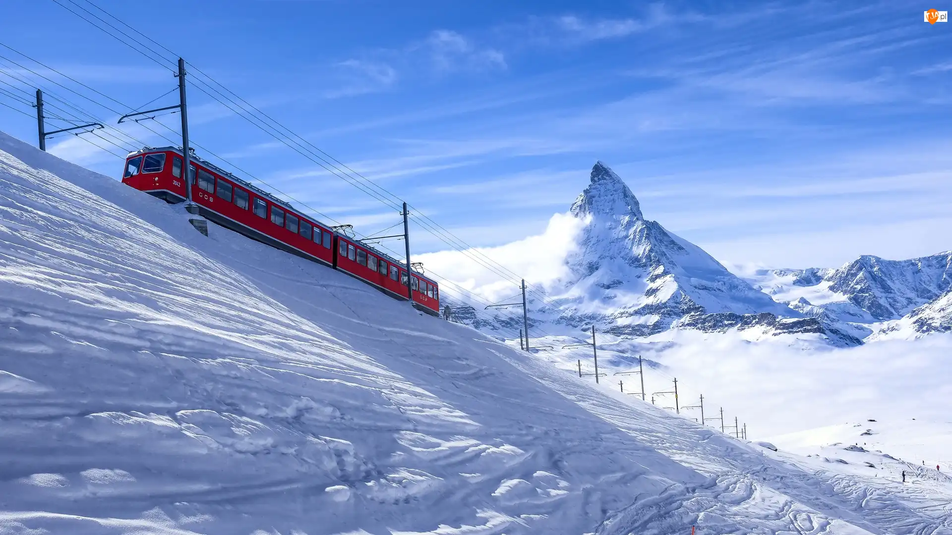 Szczyt Matterhorn, Zima, Góry Alpy Pennińskie, Szwajcaria, Pociąg elektryczny