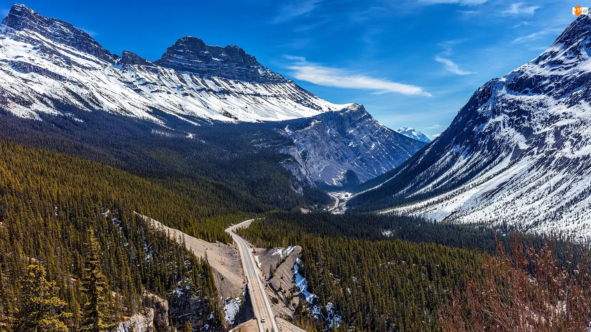 Kanada, Góry, Park Narodowy Banff, Las, Droga, Canadian Rockies, Góra, Ośnieżone, Cirrus Mountain