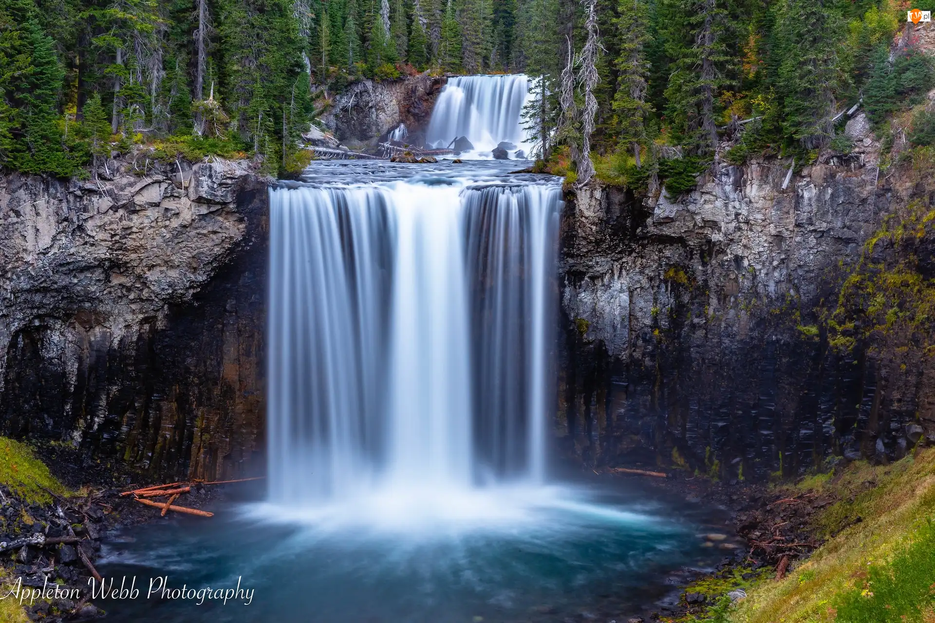 Park Narodowy Yellowstone, Wodospad Colonnade Falls, Las, Stan Wyoming, Rzeka Bechler River, Drzewa, Stany Zjednoczone, Skały