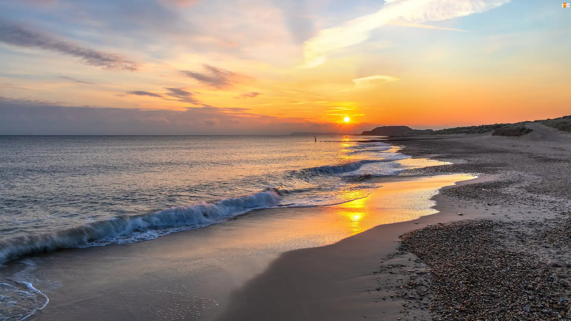 Brzeg, Morze, Kamienie, Zachód słońca, Plaża, Niebo