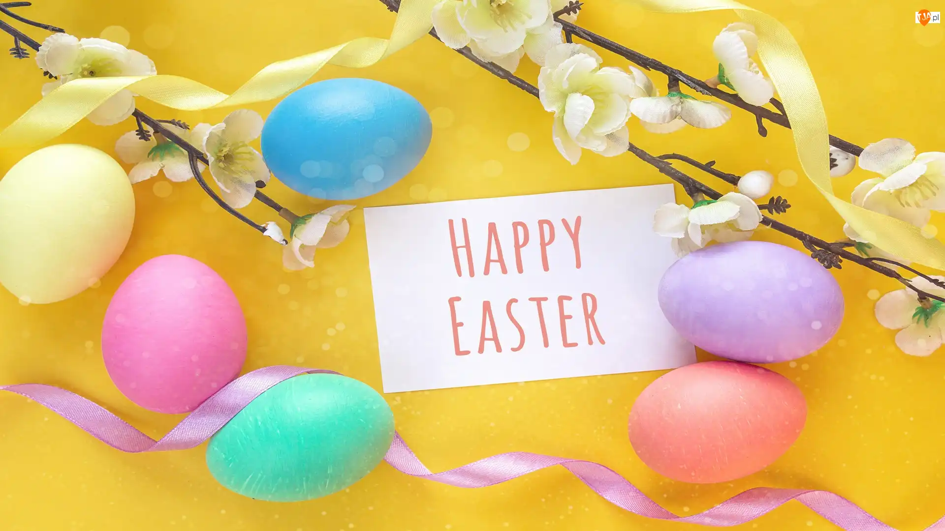 Pisanki, Wielkanoc, Wstążki, Happy Easter, Gałązki, Napis