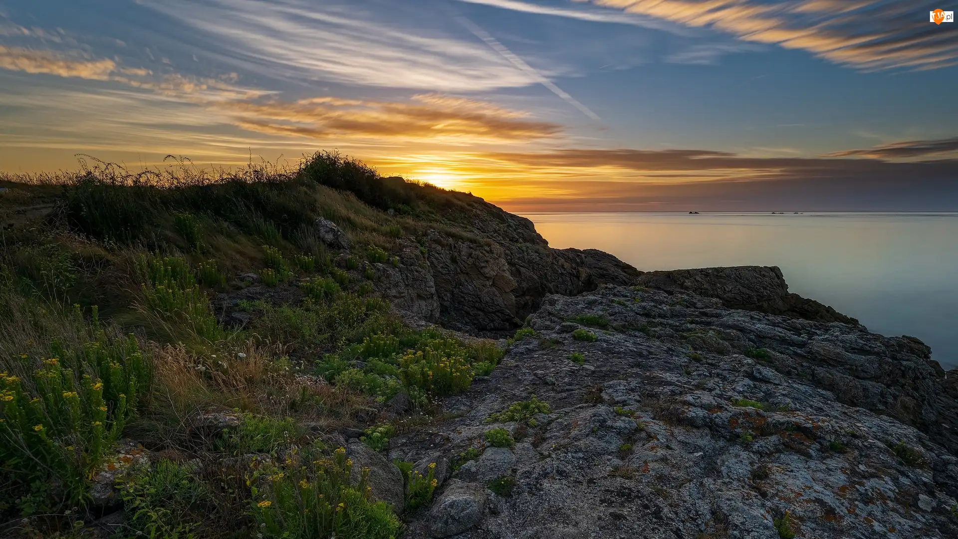 Zachód słońca, Skały, Francja, Morze, Bretania, Saint Malo, Pointe de la Varde