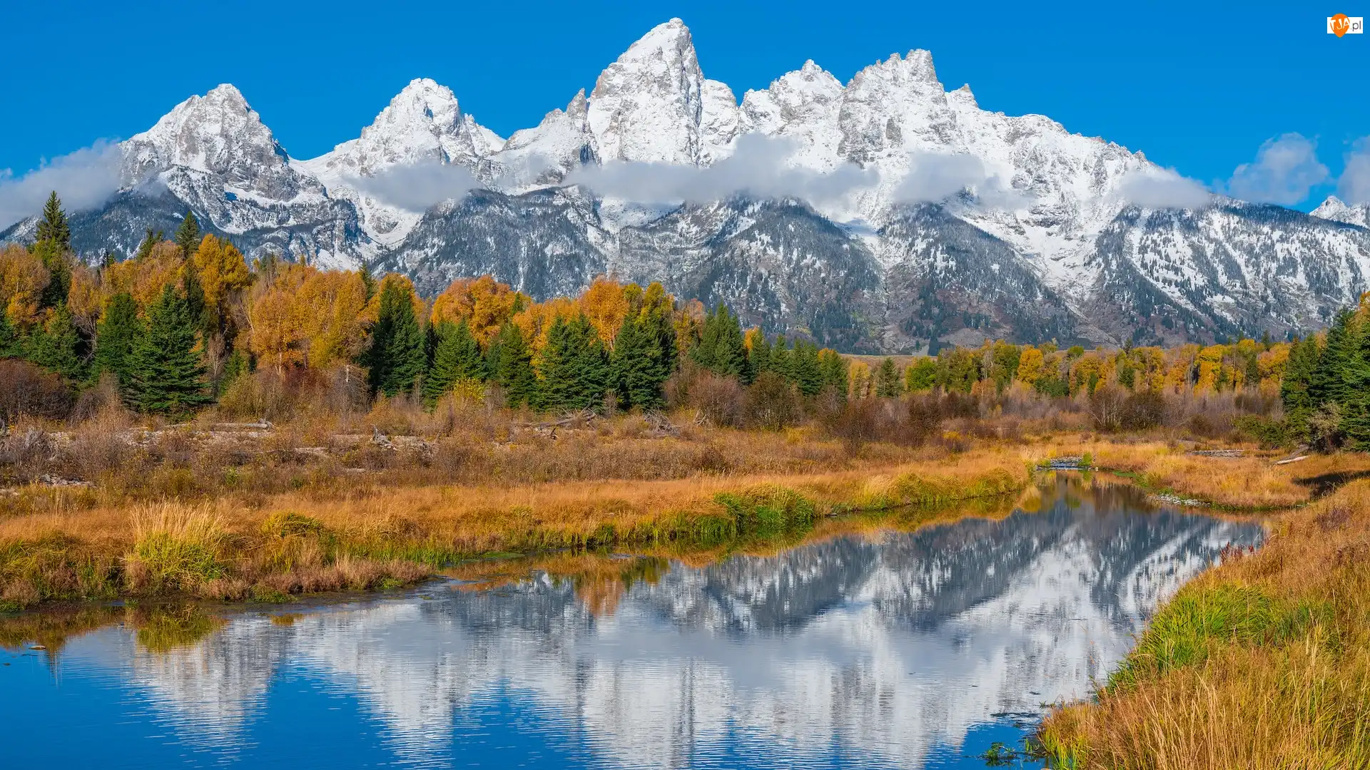 Stany Zjednoczone, Mgła, Odbicie, Drzewa, Park Narodowy Grand Teton, Jesień, Ośnieżone, Rzeka, Góry Teton Range, Stan Wyoming