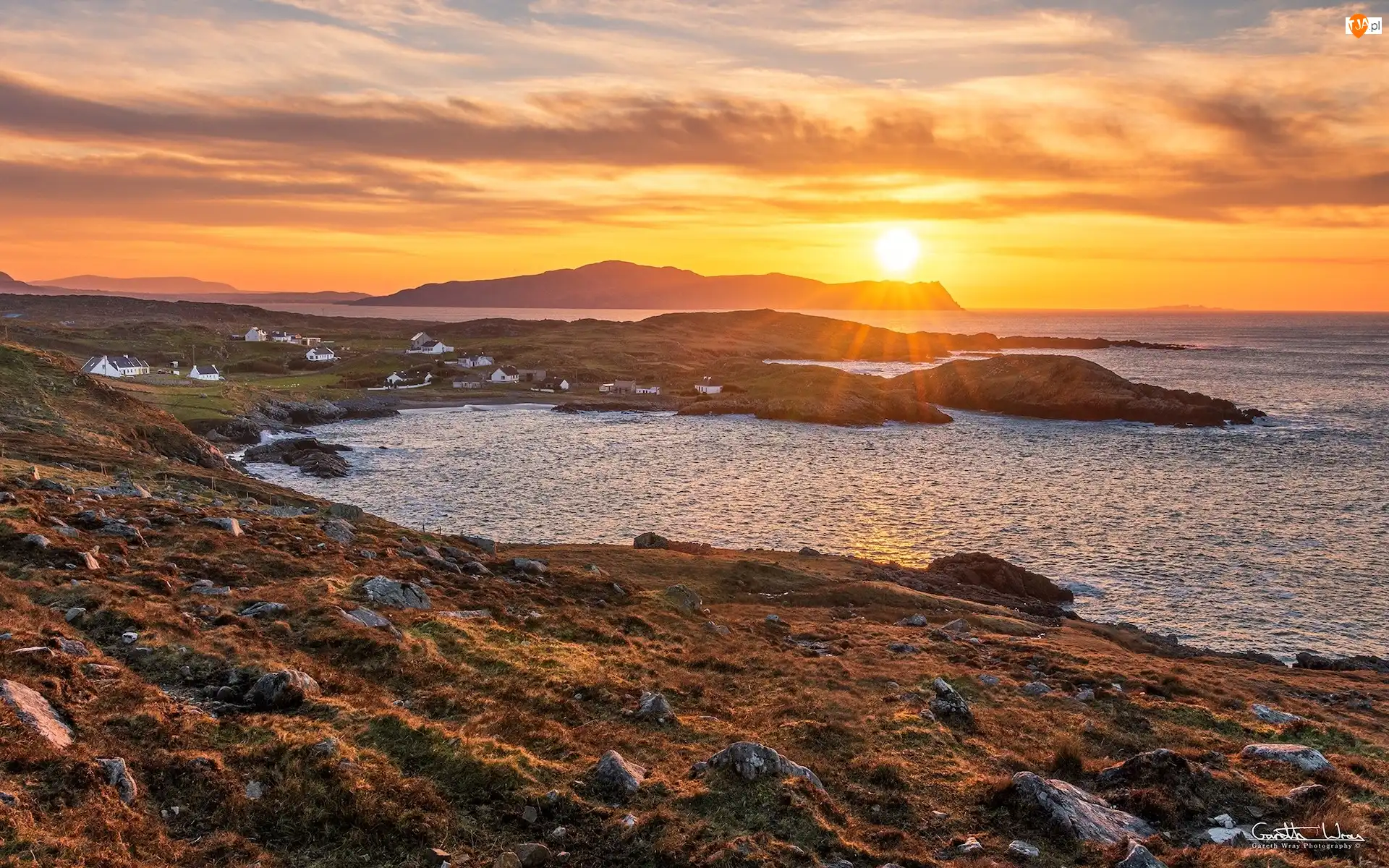 Downings, Zachód słońca, Zatoka, Hrabstwo Donegal, Morze, Rosguill, Irlandia, Wybrzeże