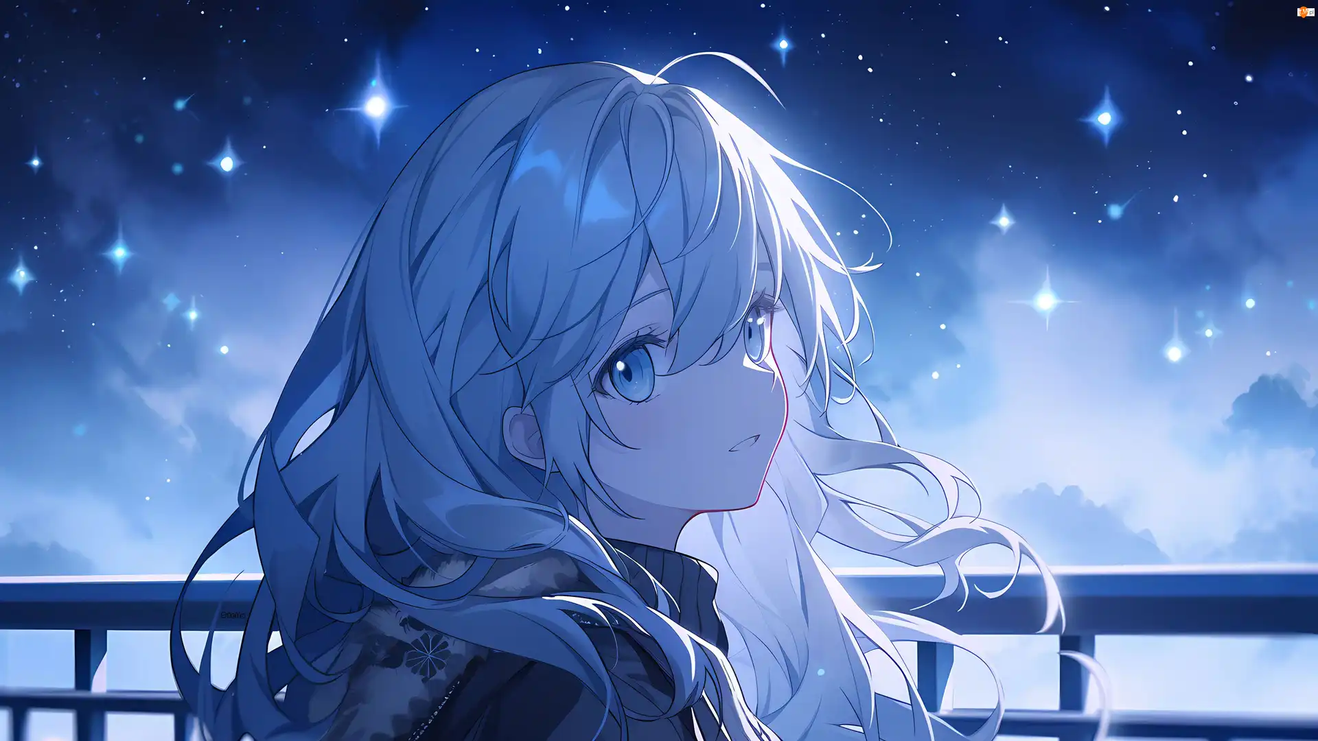 Spojrzenie, Dziewczyna, Gwiazdy, Anime, Niebo, Noc