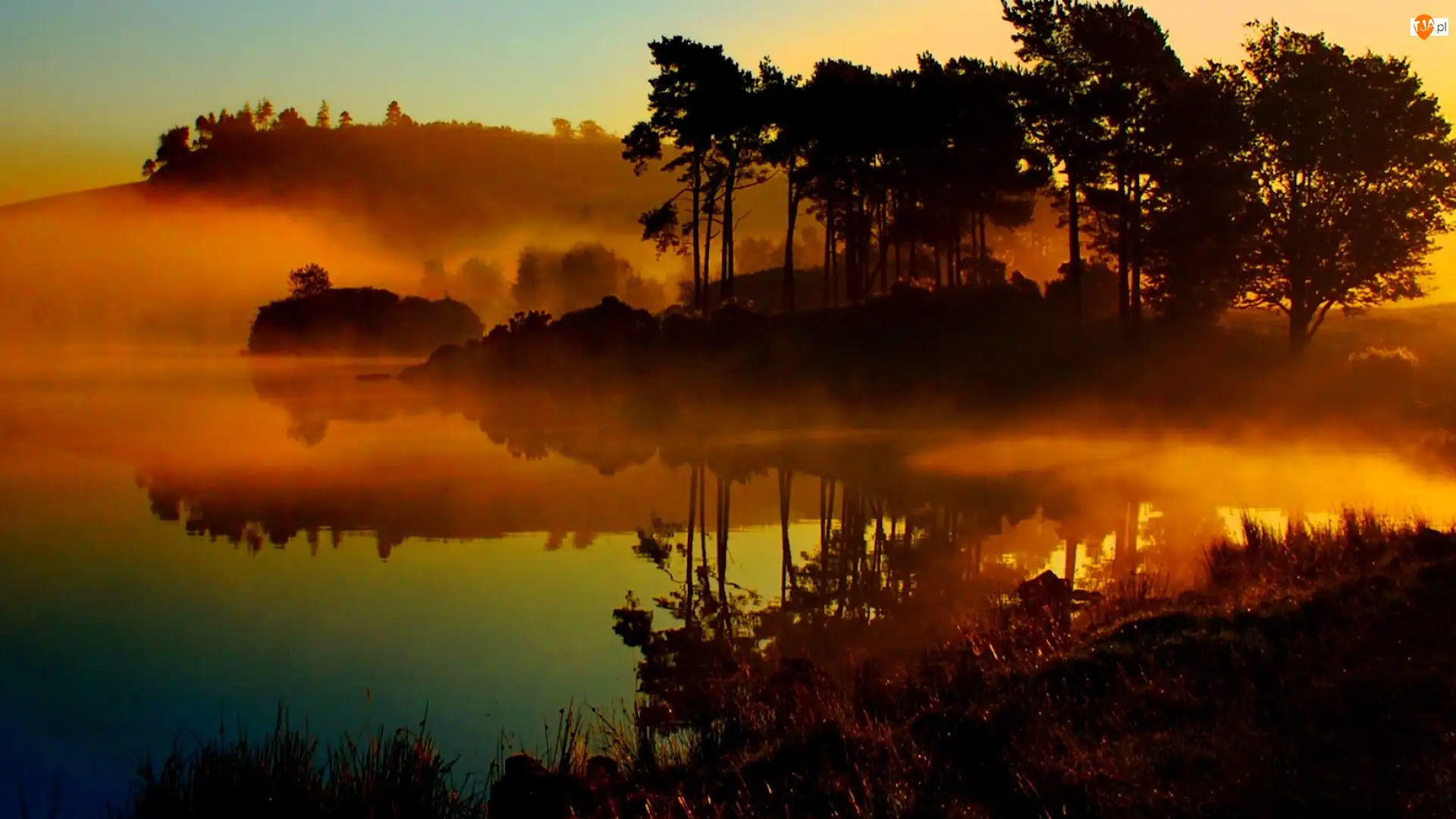 Zachód Słońca, Jezioro, Mgła