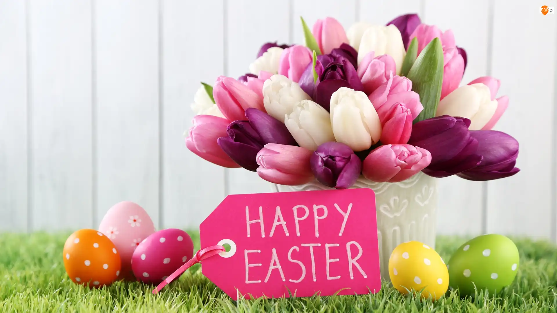 Wielkanoc, Kompozycja, Pisanki, Happy Easter, Tulipany, Napis