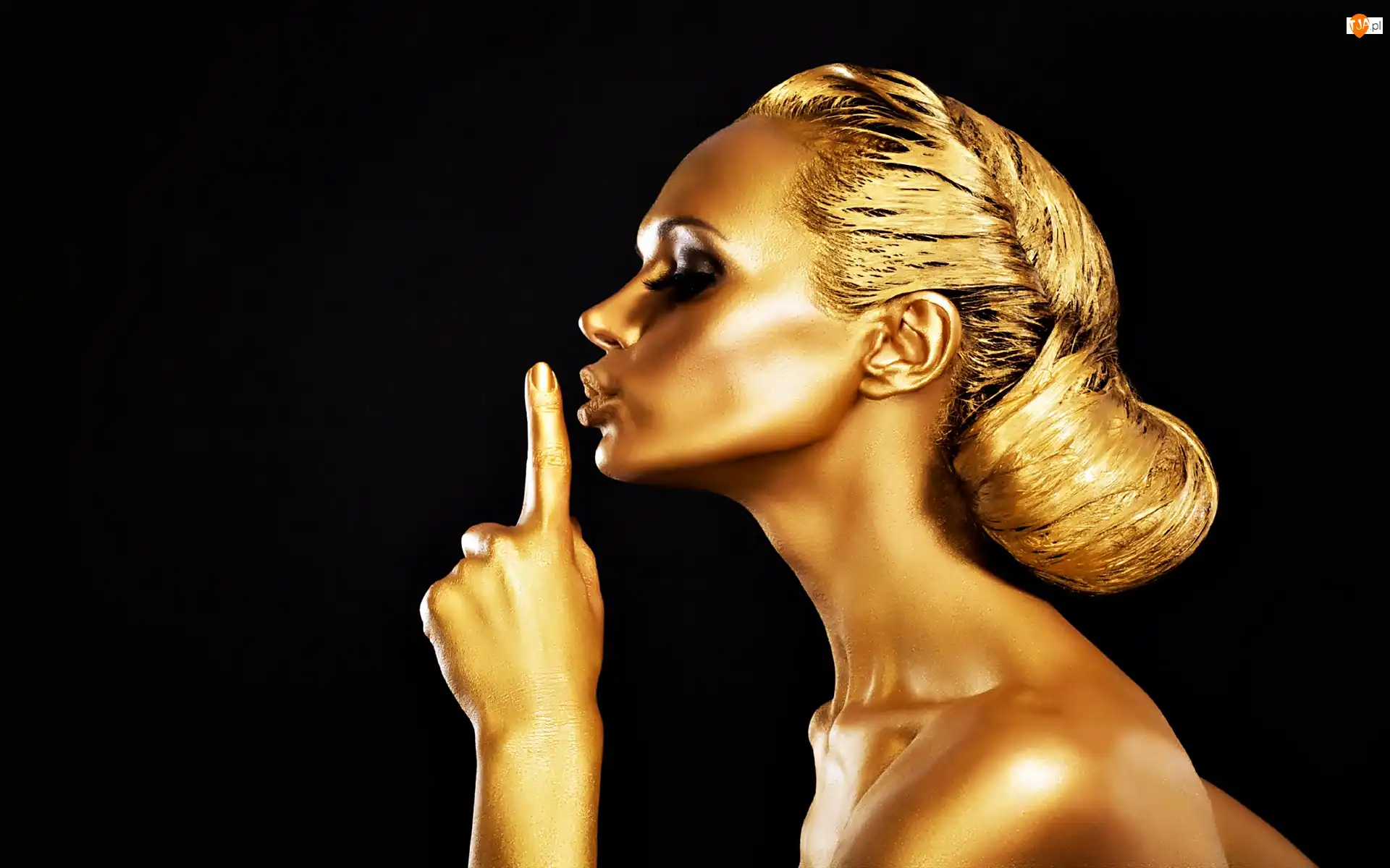 Złoty, Bodypainting, Profil, Modelka, Makijaż