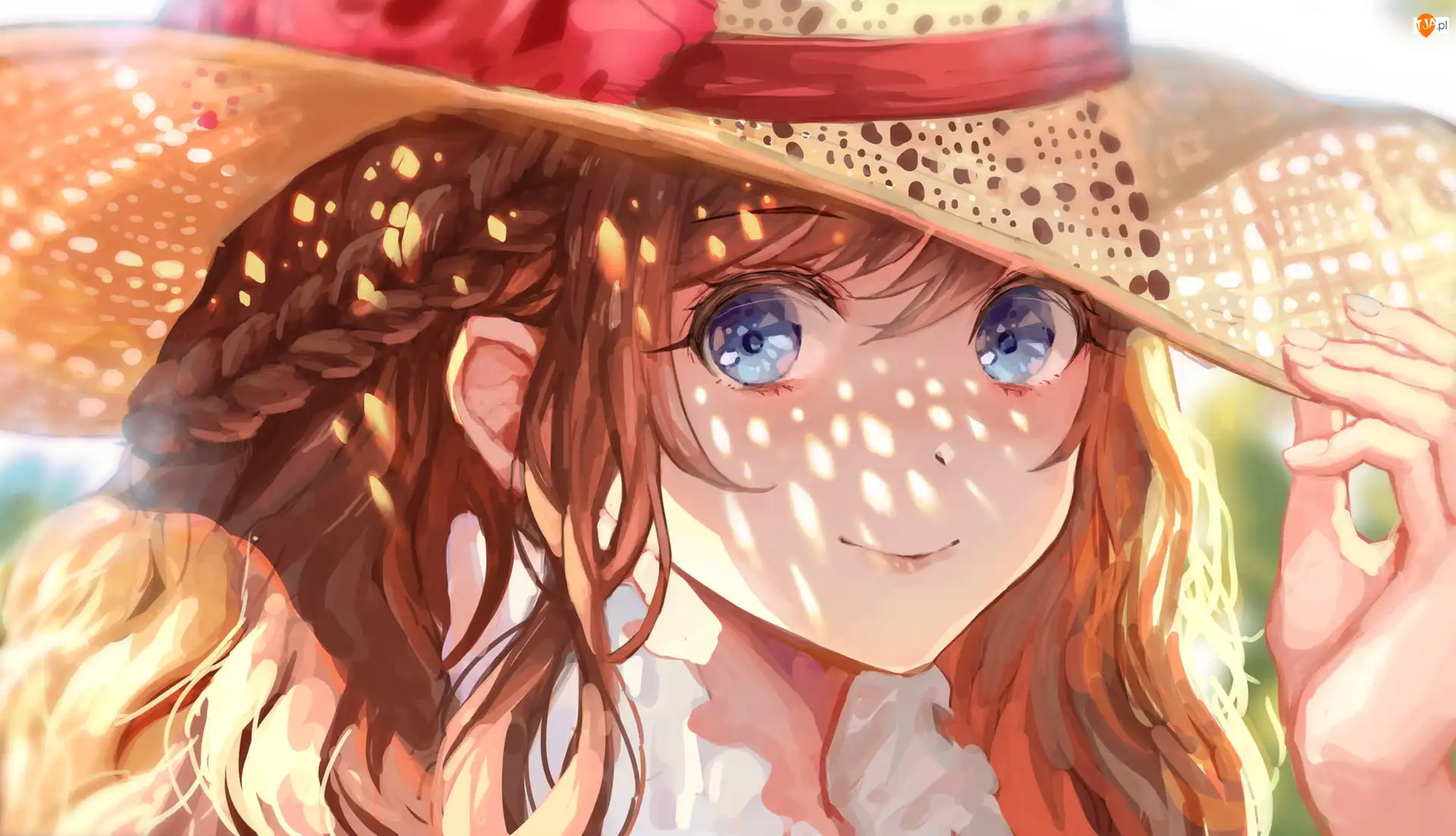 Uśmiech, Oczy, Ażurowy, Niebieskie, Dziewczyna, Anime, Twarz, Szatynka, Spojrzenie, Kapelusz