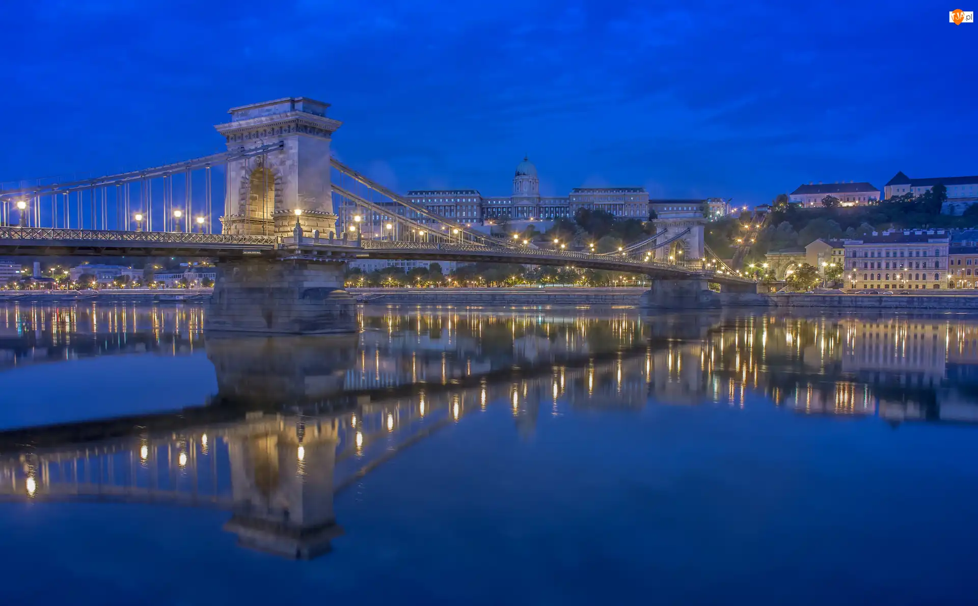 Budapeszt, Węgry, Most Łańcuchowy, Rzeka Dunaj, Noc, Zamek Królewski