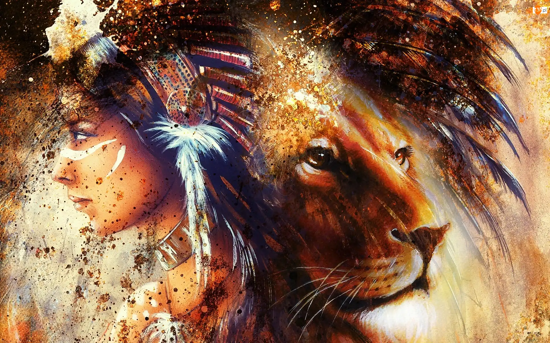 Indianka, Grafika, Fantasy, Lew