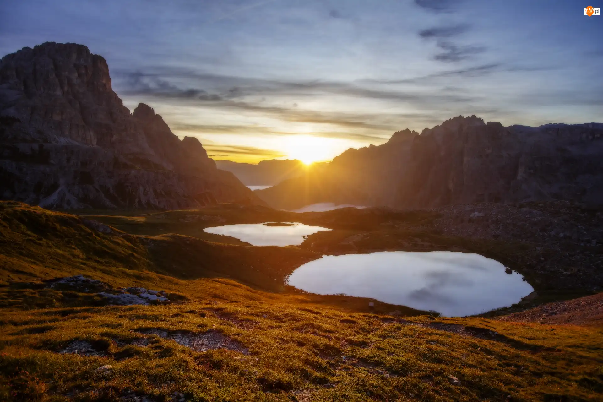 Włochy, Zachód słońca, Dolomity, Góry, Jeziora