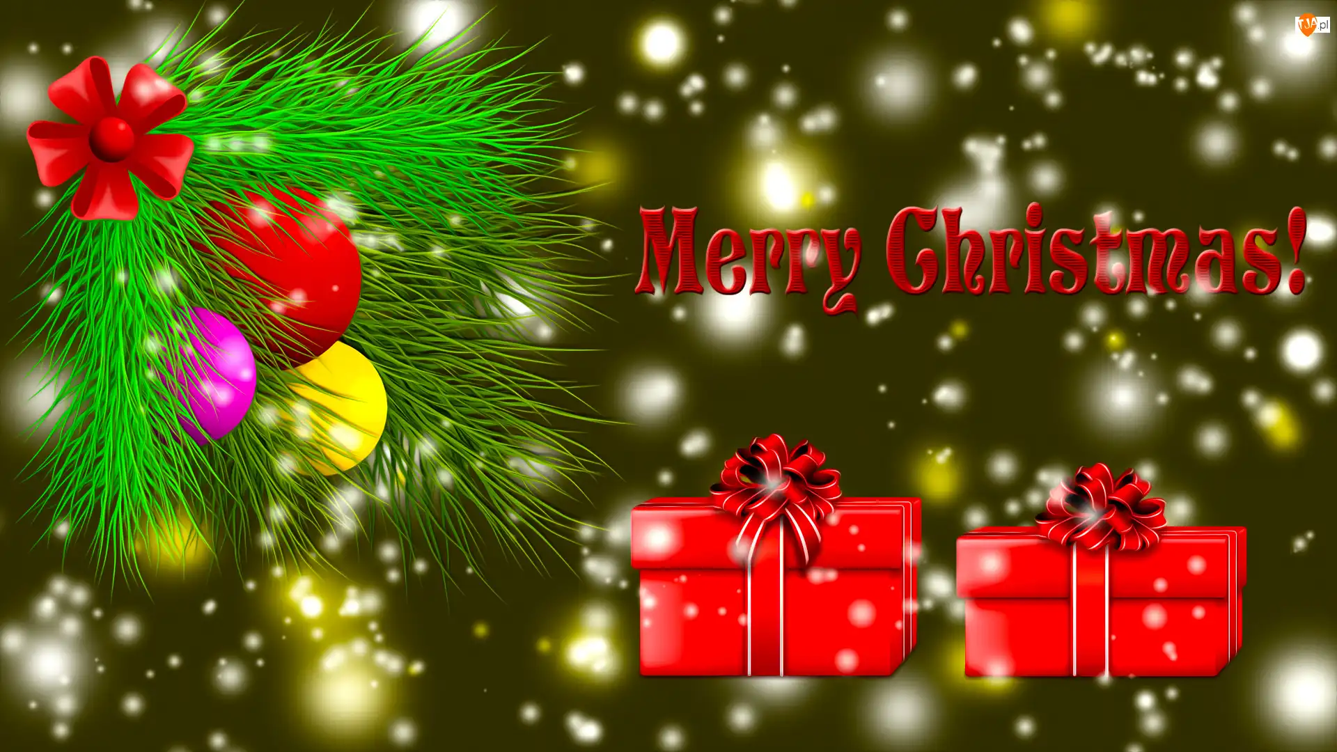 Bombki, KoGałązka, Napis, Grafika, Prezenty, Merry Christmas