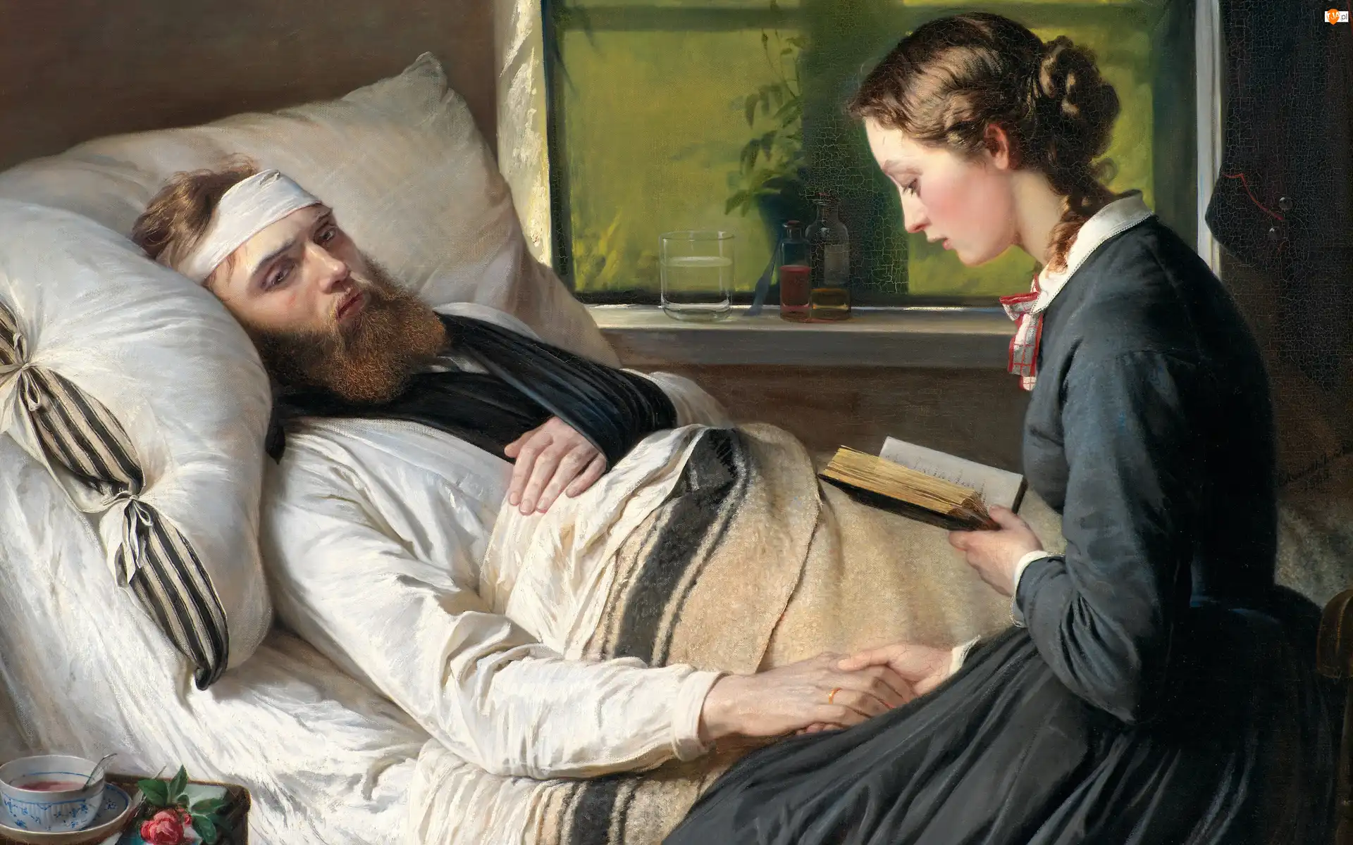 Książka, Malarstwo, Elisabeth Jerichau-Baumann, Obraz, Kobieta, Czytająca, Mężczyzna, Ranny, Choroba, Łóżko
