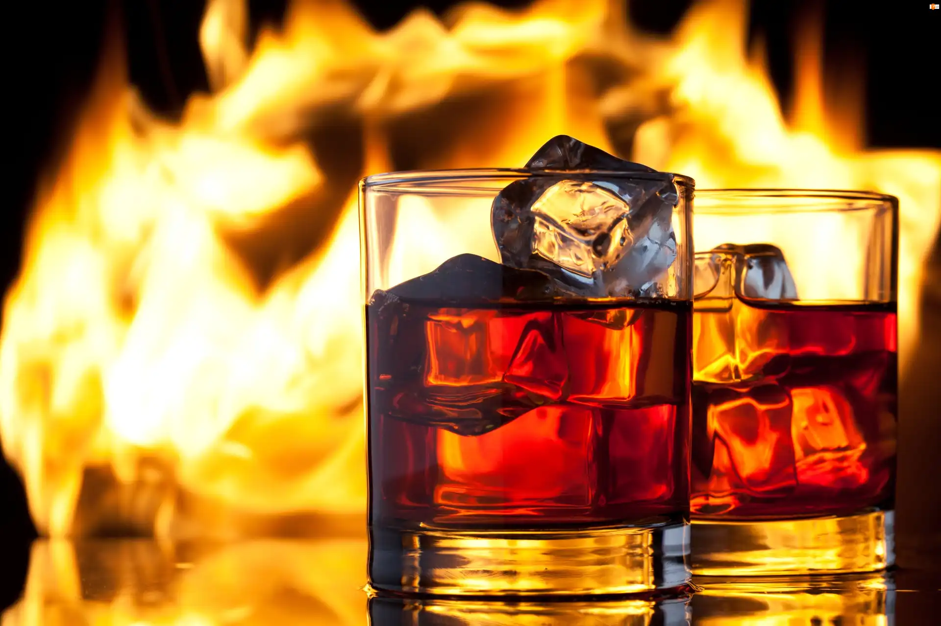 Kostki, Płomienie, Whisky, Szklanki, Lodu