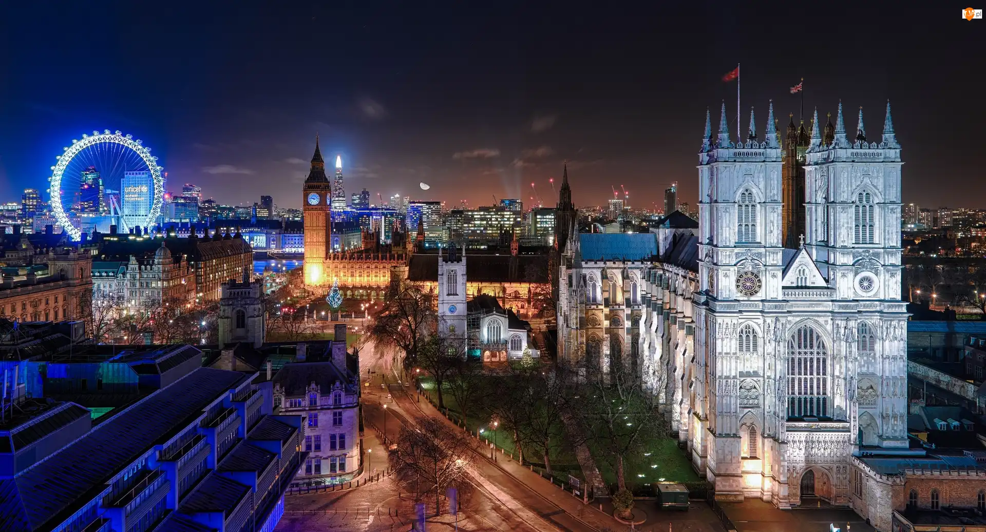 Londyn, Opactwo Westminster, Noc, Anglia, Koło obserwacyjne London Eye, Big Ben, Kolegiata św. Piotra w Westminsterze