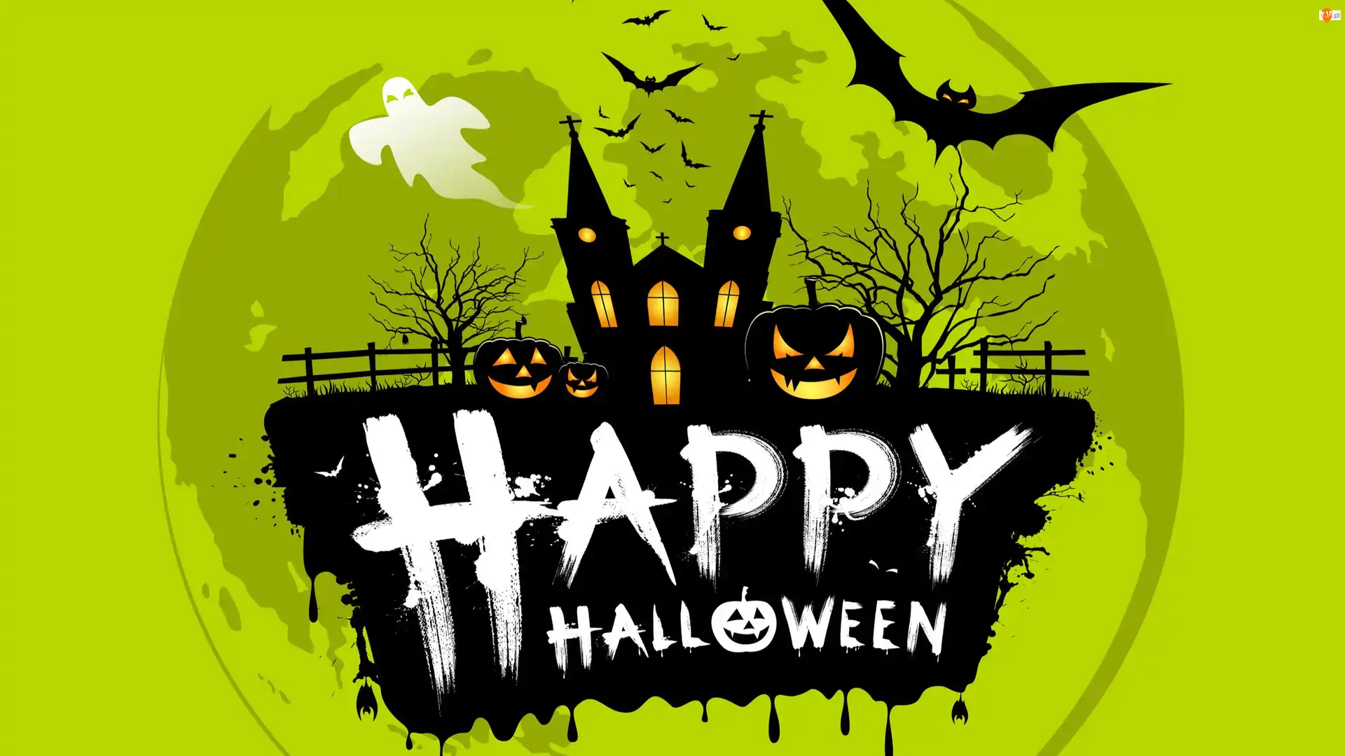Płot, Happy Halloween, Drzewa, Zielone, Tło, Zamek, Dynie, Halloween, Nietoperze