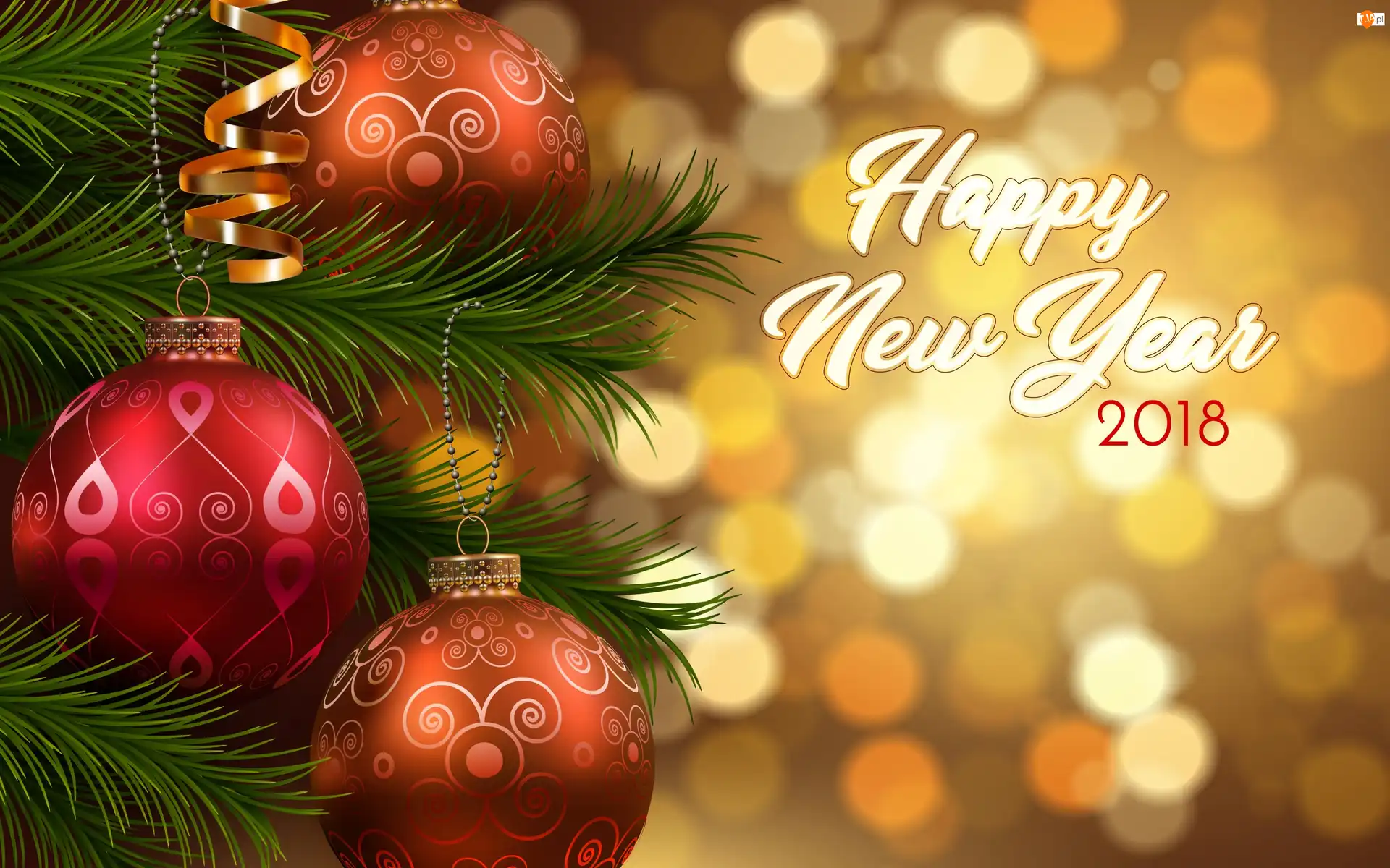 Happy New Year 2018, Dekoracja, Gałązki, Życzenia, Świąteczna, Napis, Noworoczne, Bombki