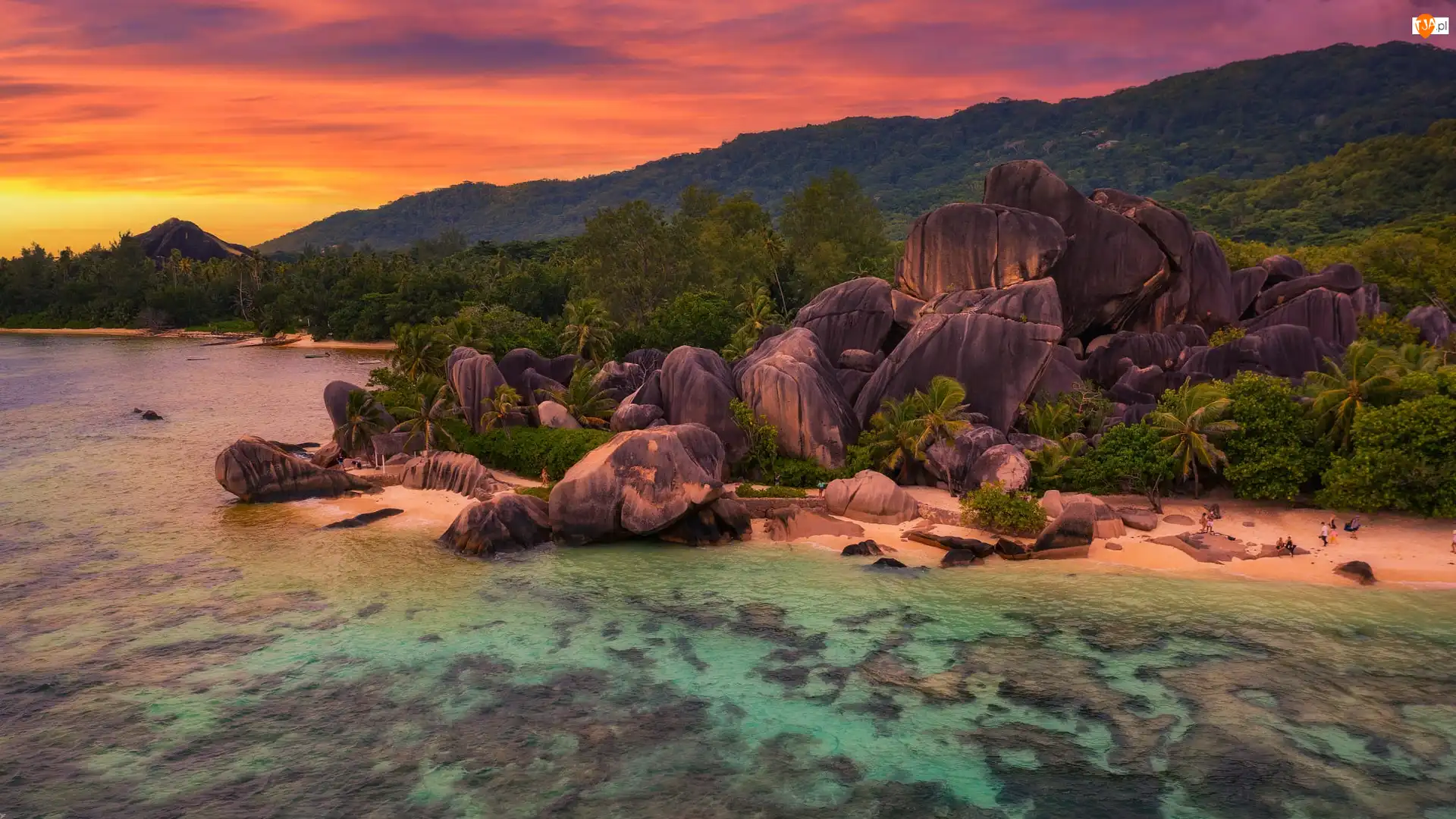Zachód słońca, Wyspa, Palmy, Anse Source dArgent, Skały, La Digue, Morze, Seszele, Plaża