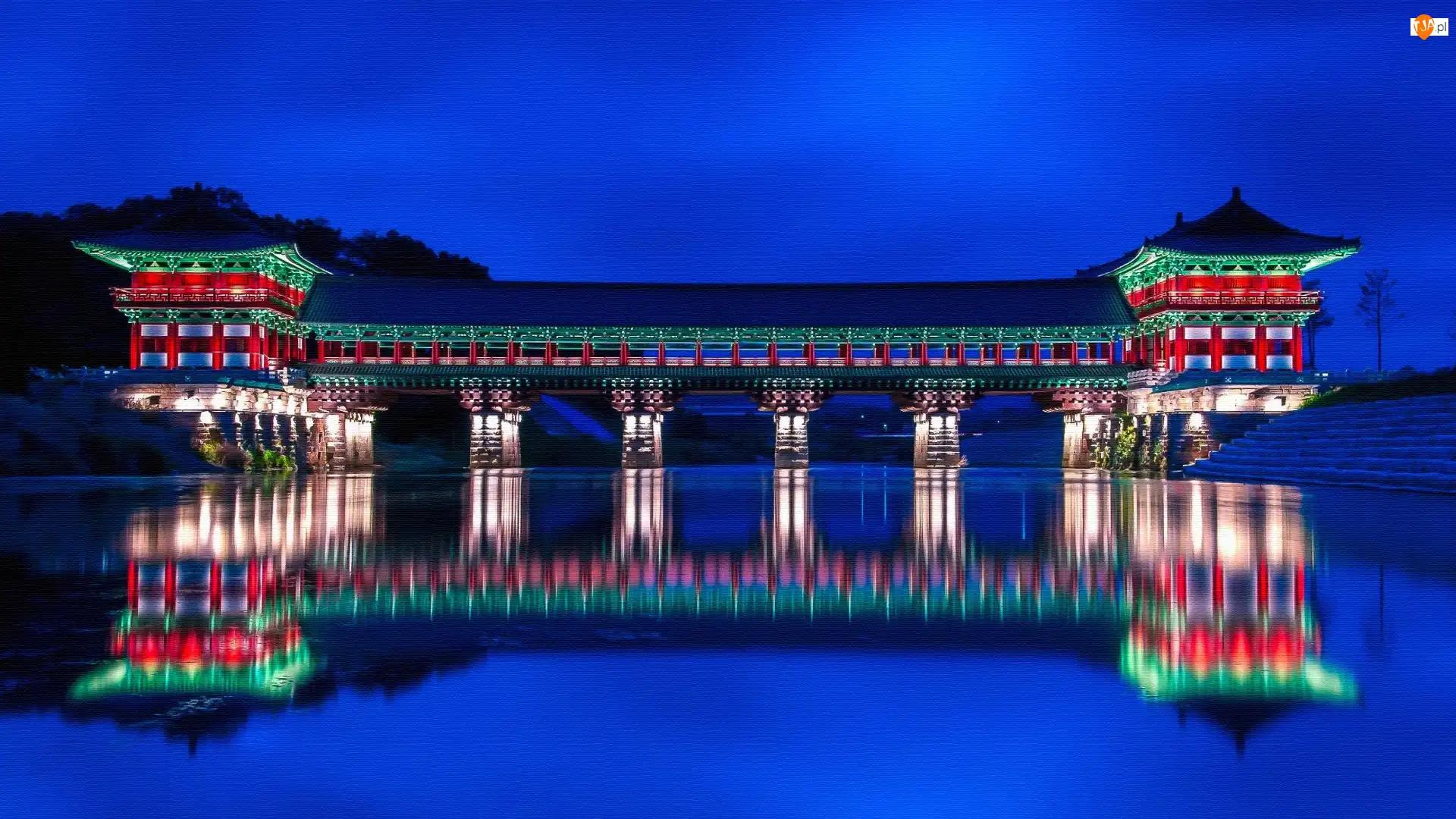 Woljeonggyo Bridge, Most, Odbicie, Korea Południowa, Światła, Gyeongju