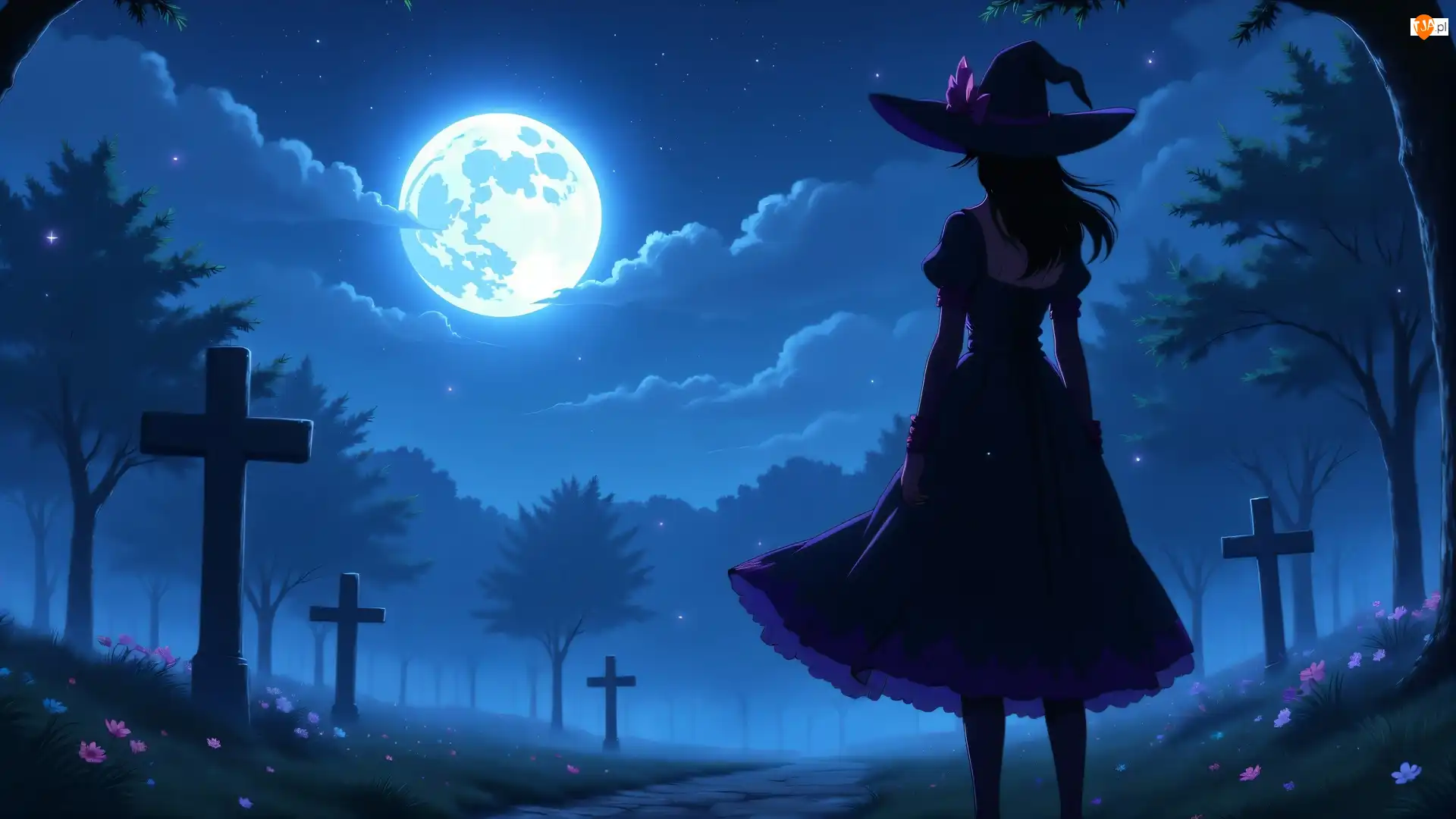 Cmentarz, Dziewczyna, Księżyc, Halloween, Krzyże, Grafika AI