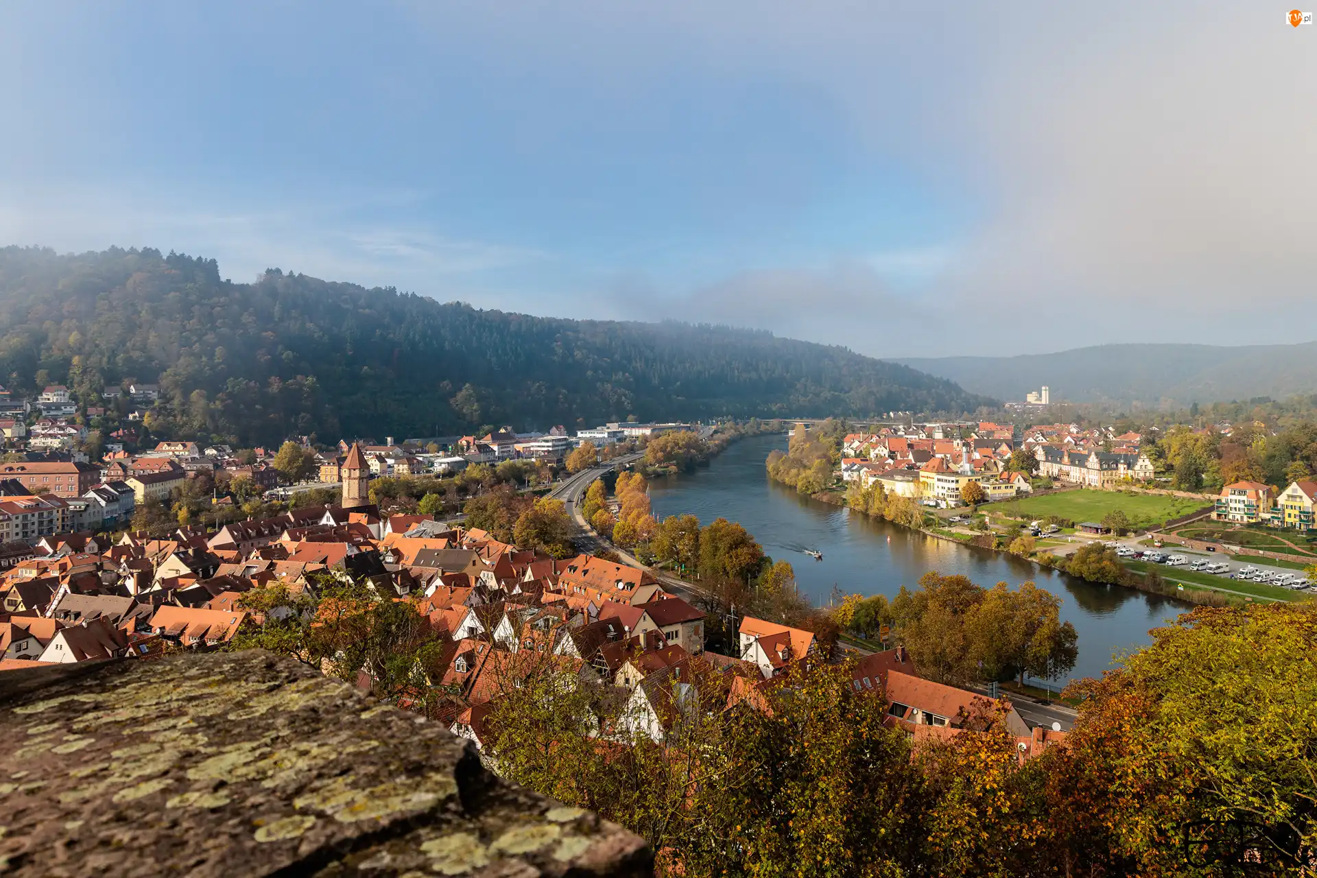Rzeka Men, Góry, Niemcy, Domy, Wertheim, Mgła, Las