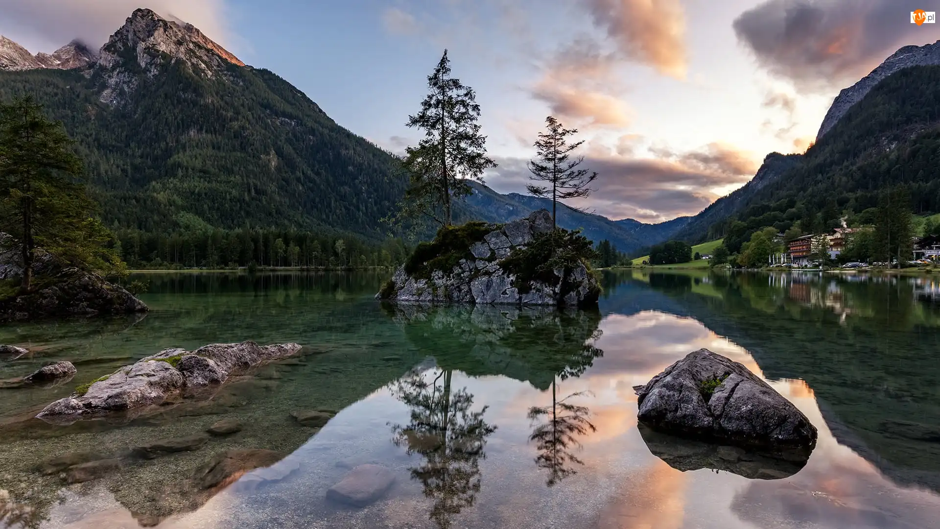 Niemcy, Alpy, Bawaria, Chmury, Gmina Berchtesgaden, Jezioro Hintersee, Skały, Góry, Drzewa