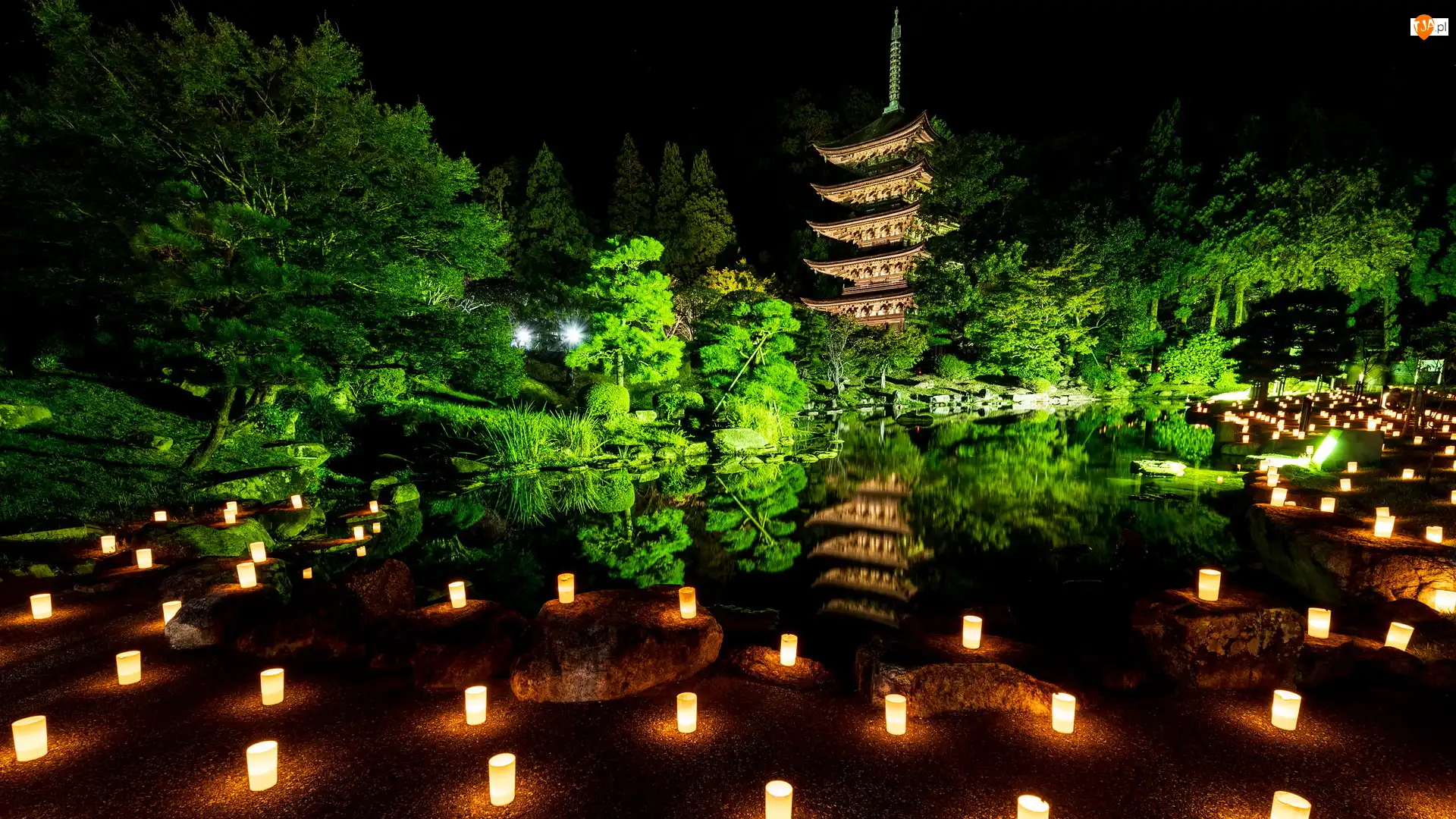 Świątynia Rurikoji, Park Kozan, Lampiony, Yamaguchi, Drzewa, Pagoda, Japonia, Staw