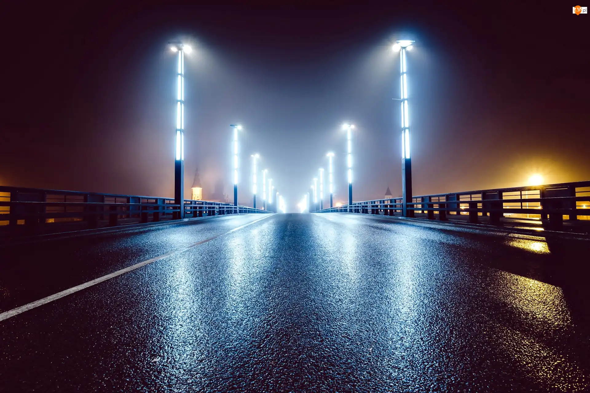 Noc, Oświetlony, Most, Lampy