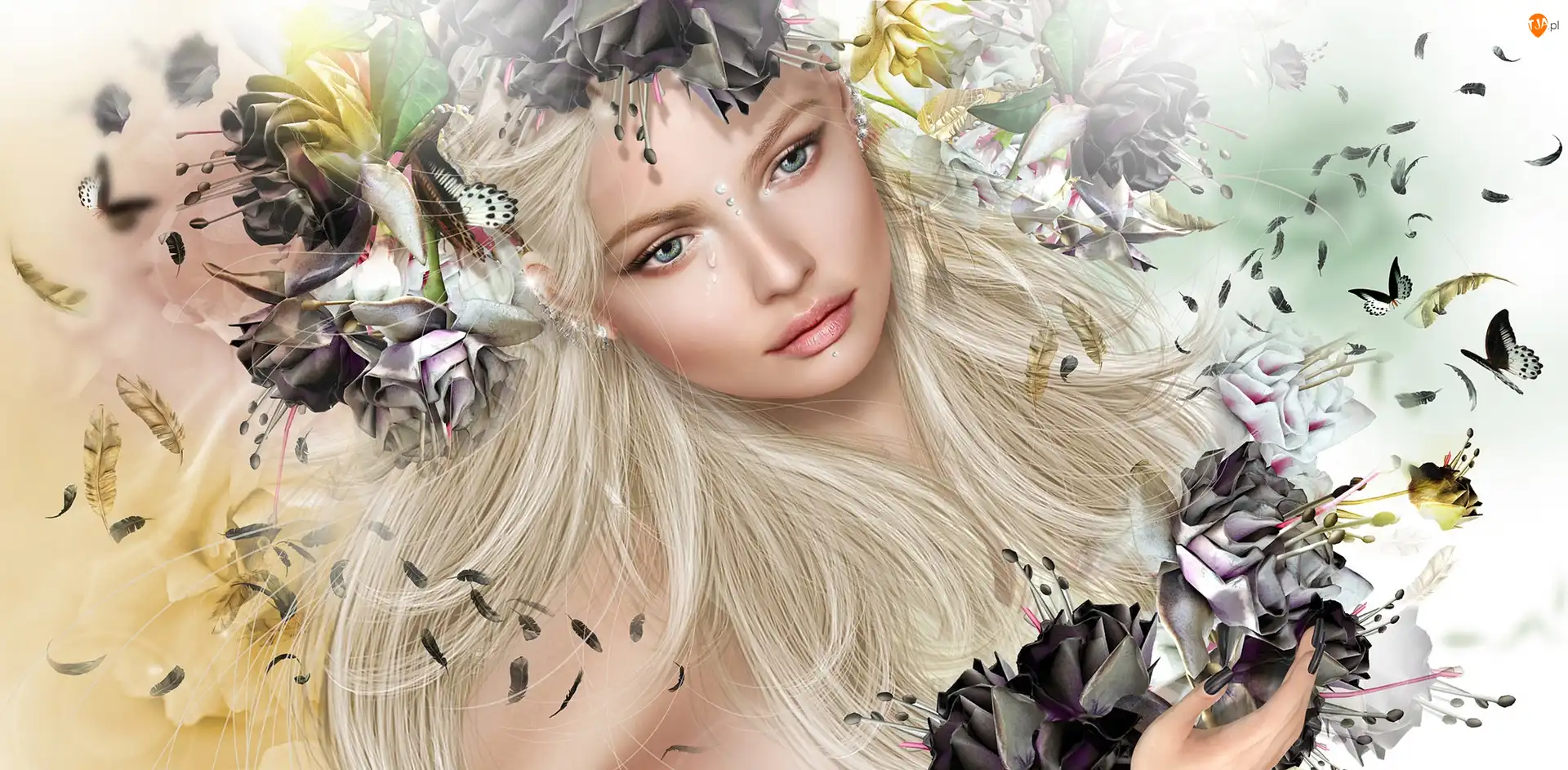 Łzy, Grafika 2D, Kobieta, Blondynka, Kwiaty