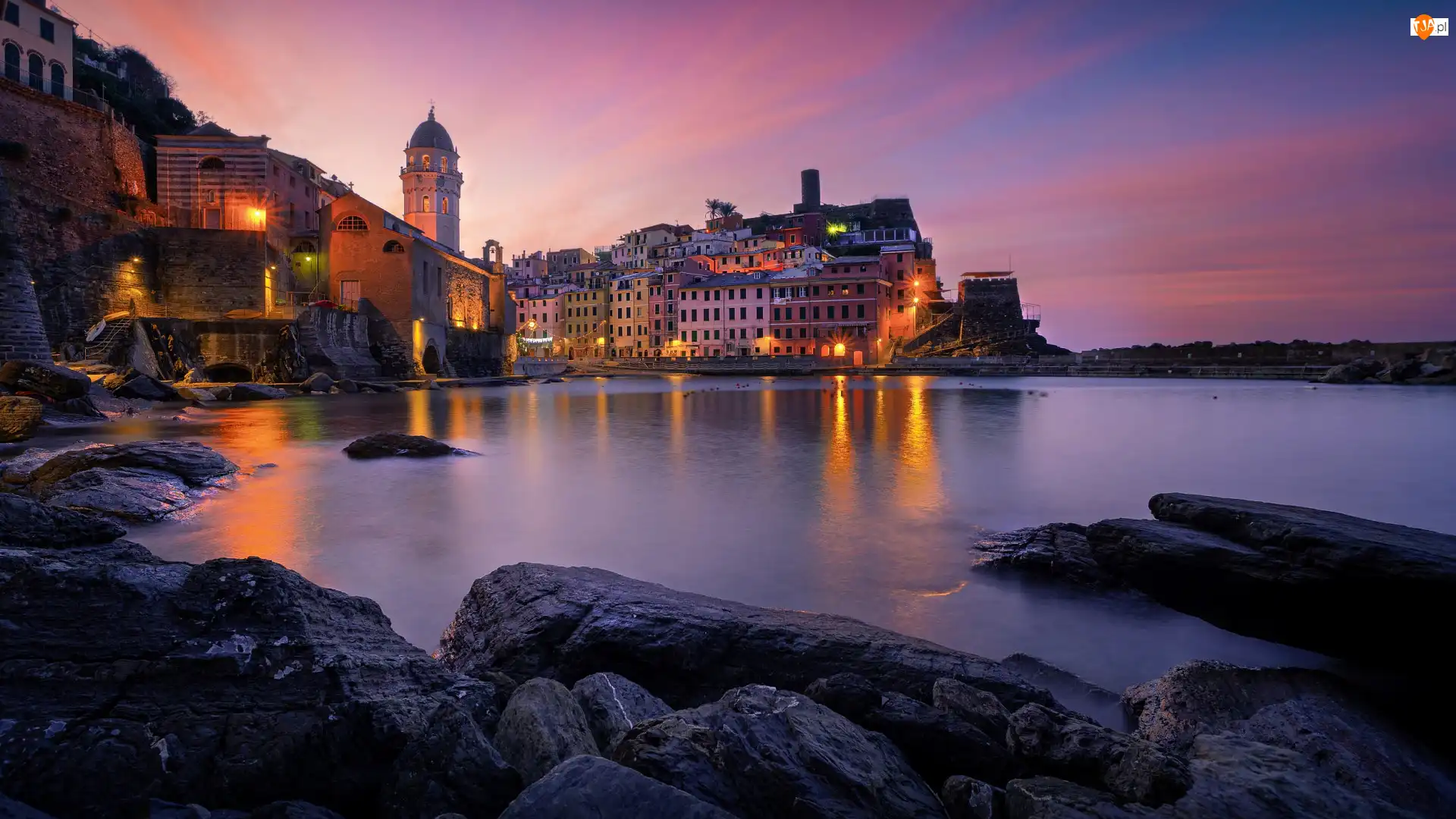 Morze Śródziemne, Wybrzeże, Włochy, Domy, Vernazza, Wschód słońca, Poranek