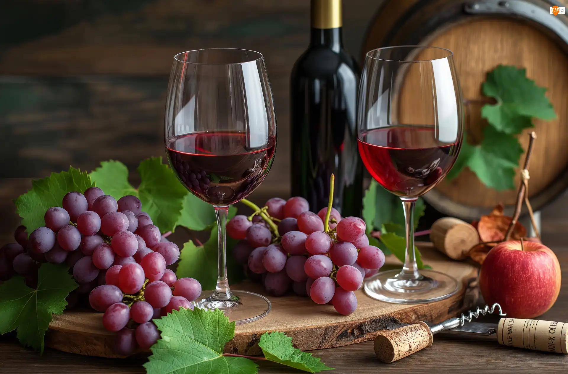 Wino, Kieliszki, Winogrona, Grafika, Owoce, Jabłko